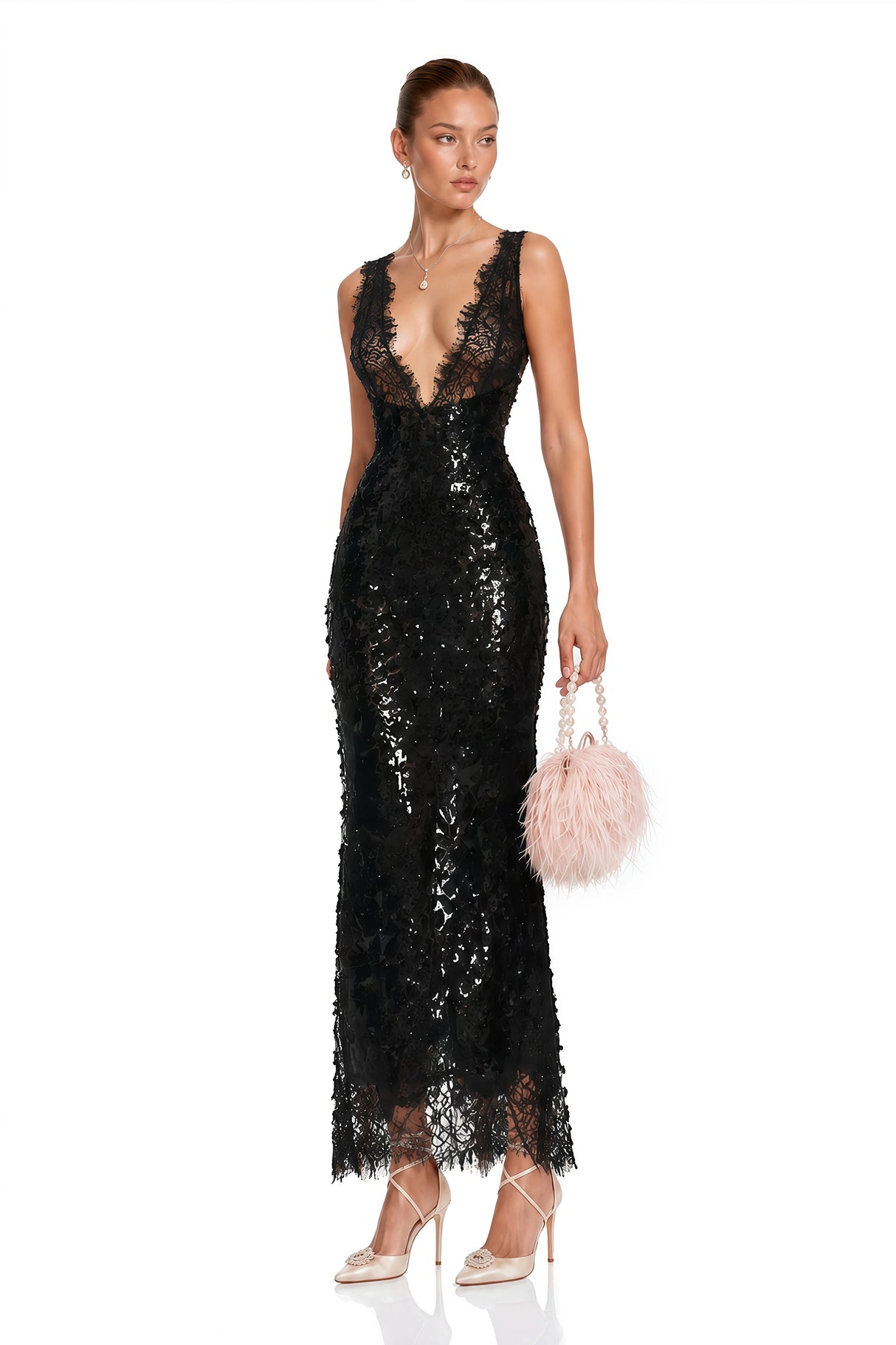Ava Black Lace Panel Sequined Maxi Dress