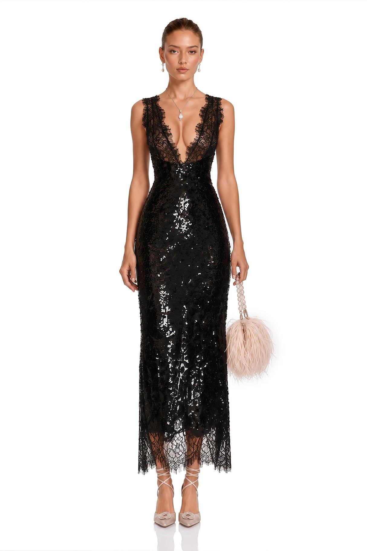 Ava Black Lace Panel Sequined Maxi Dress