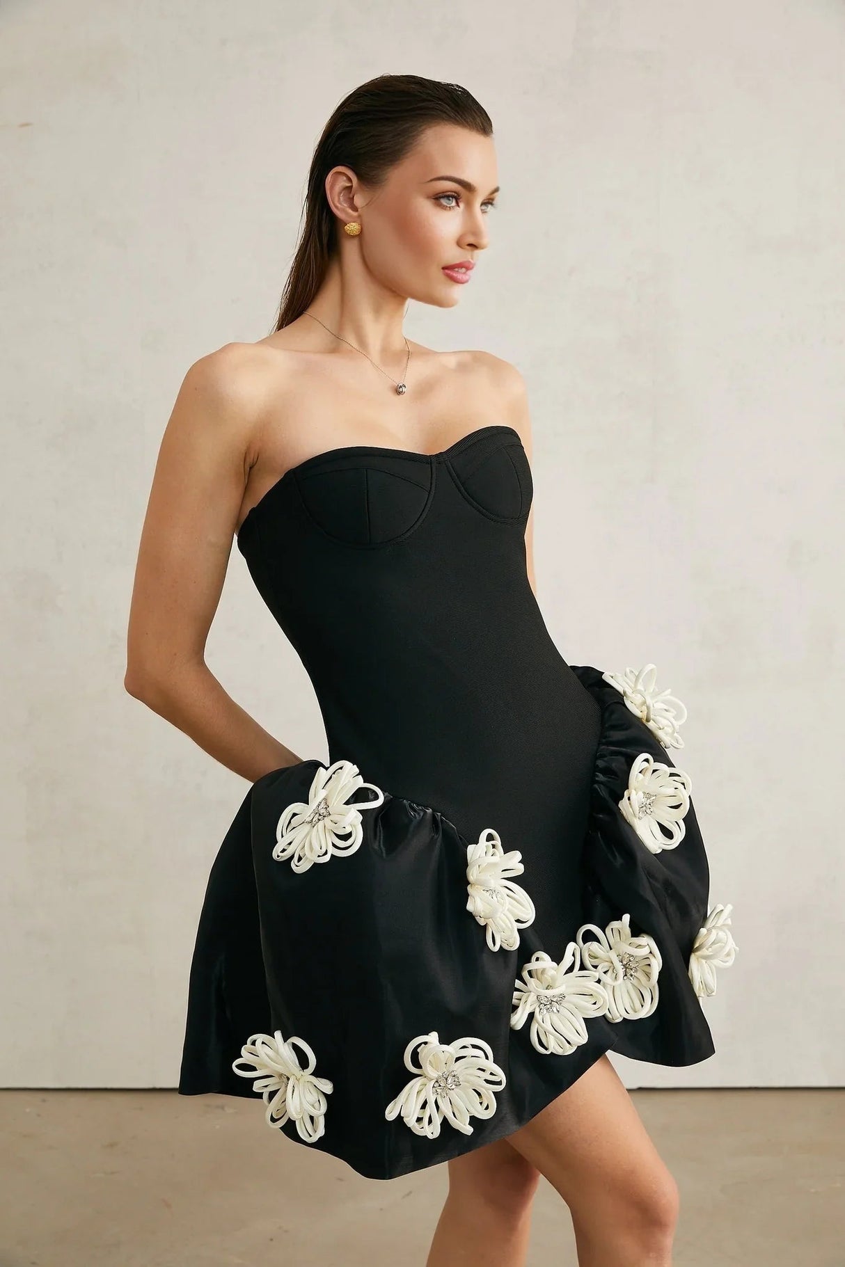 Ava Mini Dress - Sleeveless Off the Shoulder Bustier Style with Floral Appliqu and Crystal Embellishment