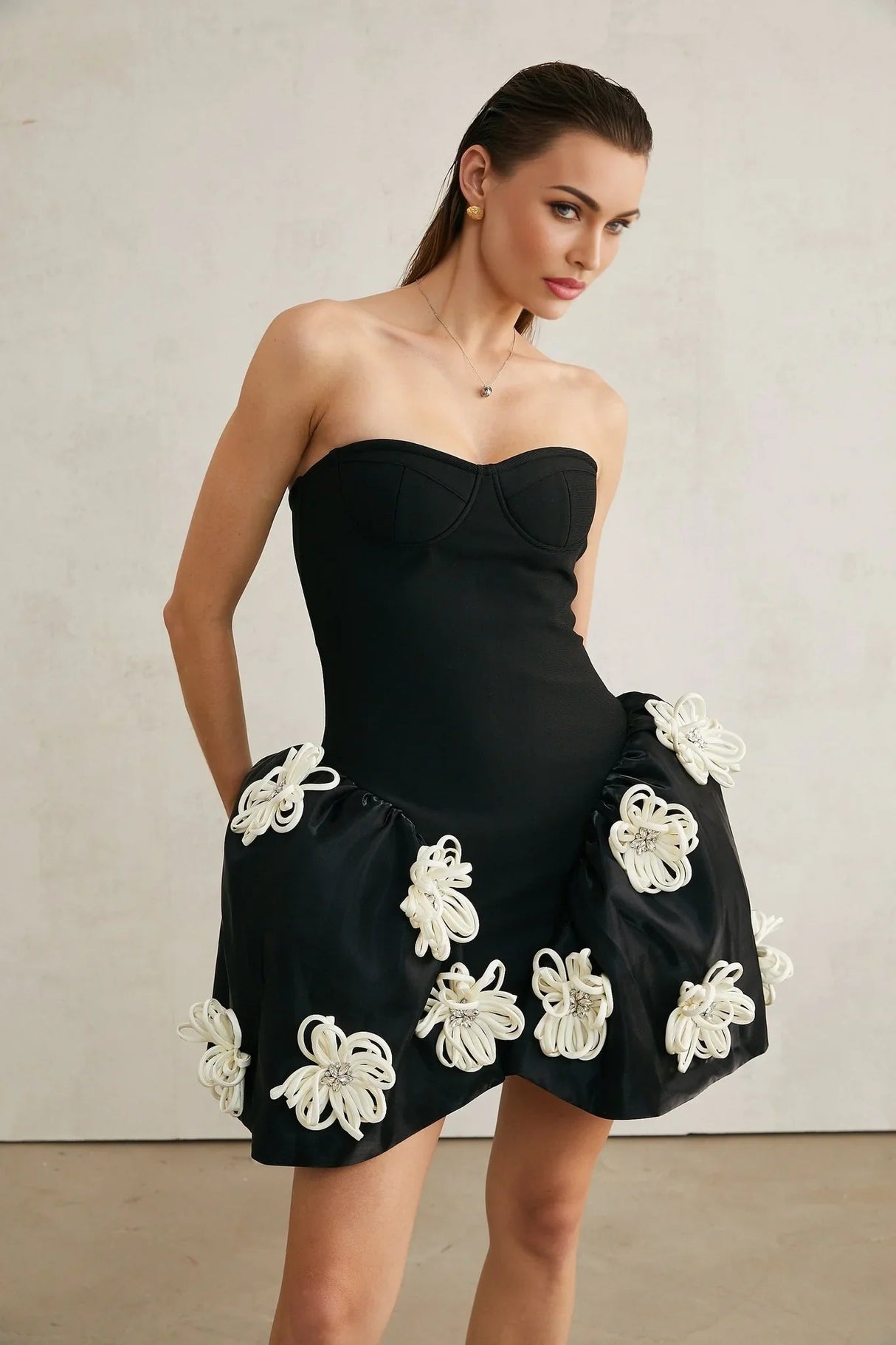 Ava Mini Dress - Sleeveless Off the Shoulder Bustier Style with Floral Appliqu and Crystal Embellishment