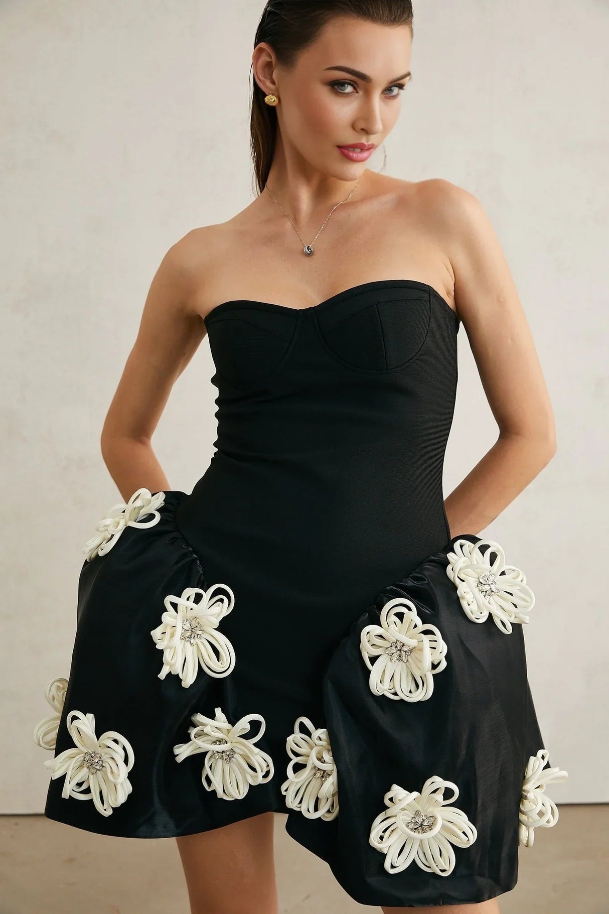 Ava Mini Dress - Sleeveless Off the Shoulder Bustier Style with Floral Appliqu and Crystal Embellishment