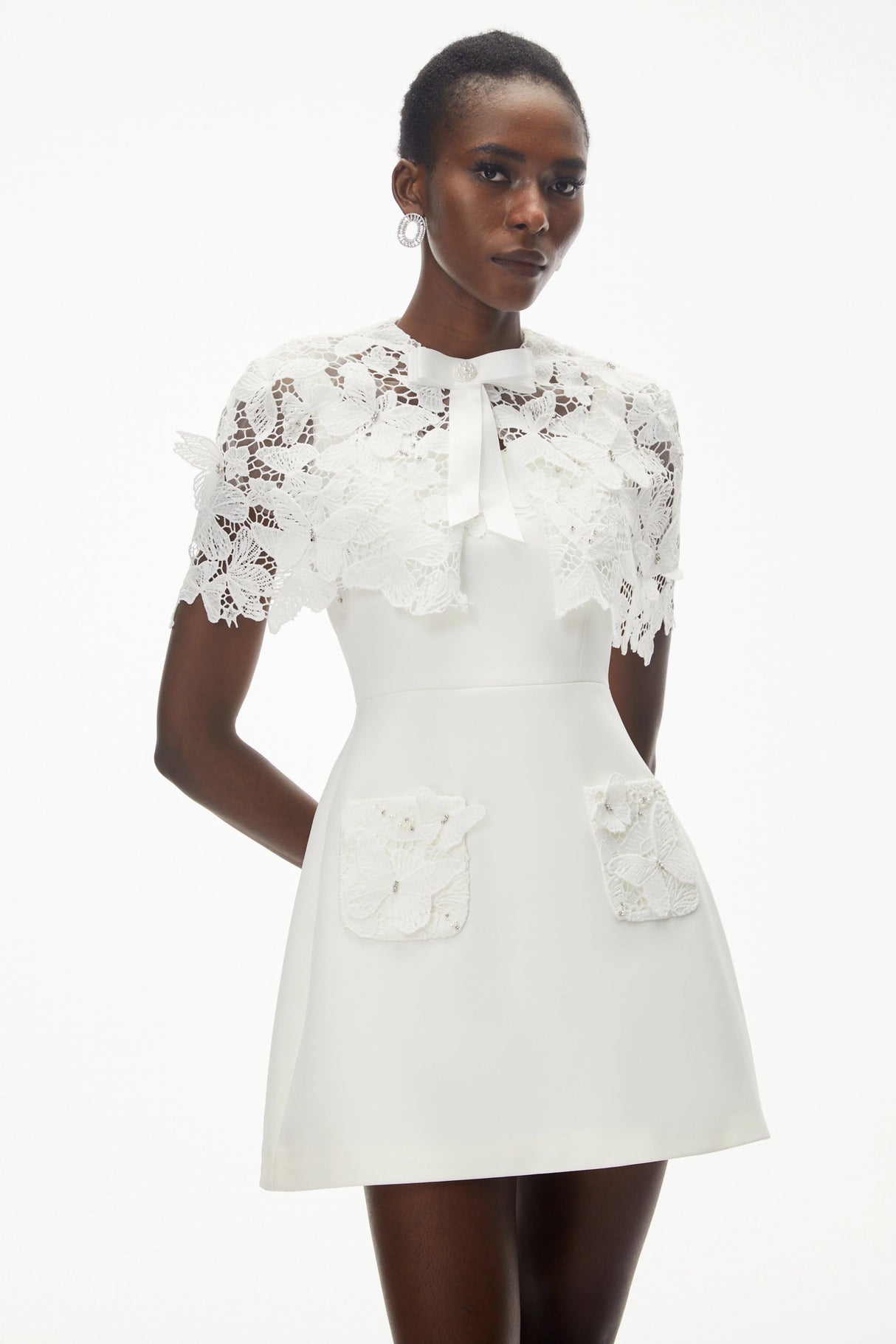 Ava White Floral Lace Mini Dress with Butterfly Applique