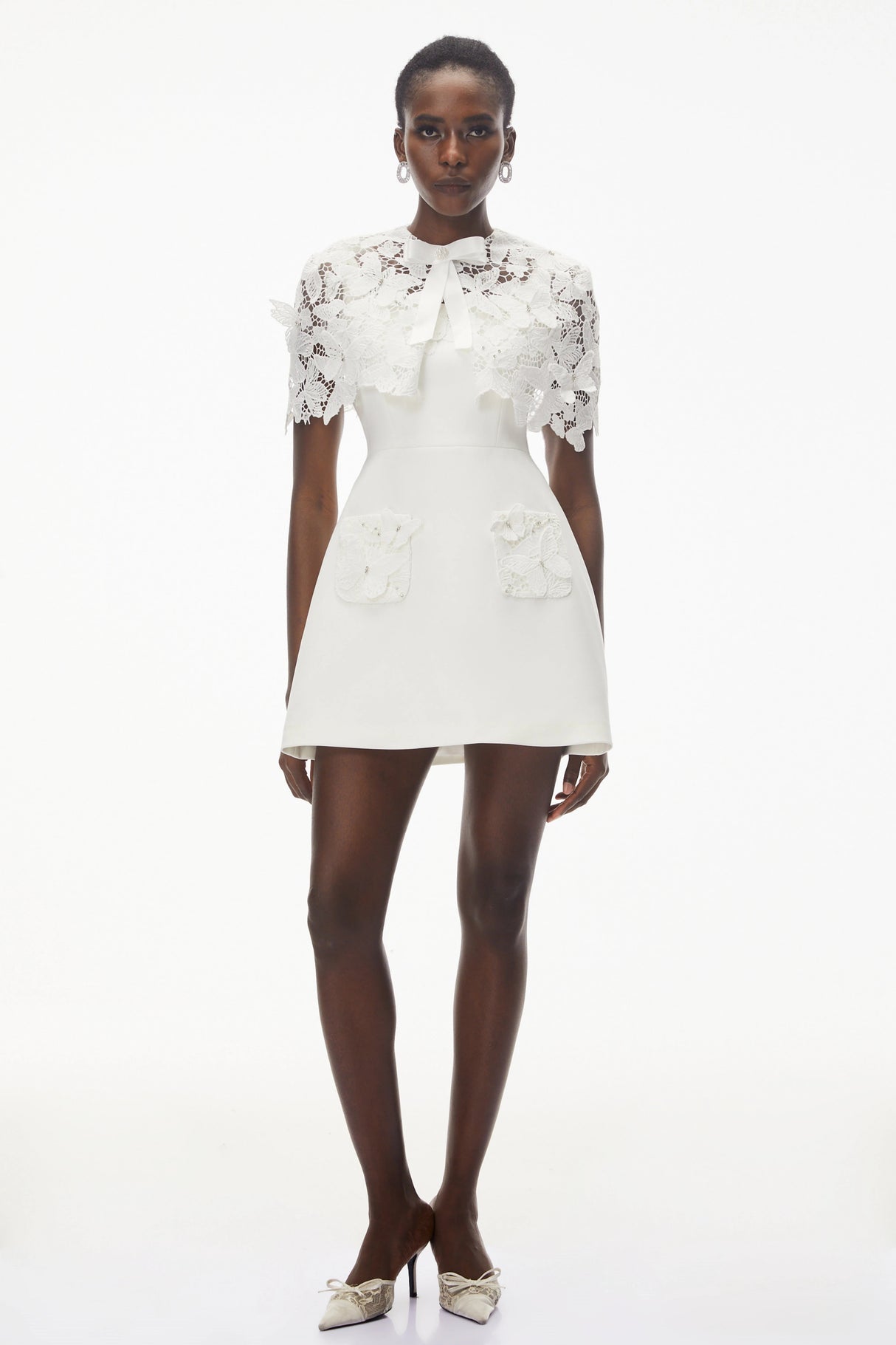 Ava White Floral Lace Mini Dress with Butterfly Applique