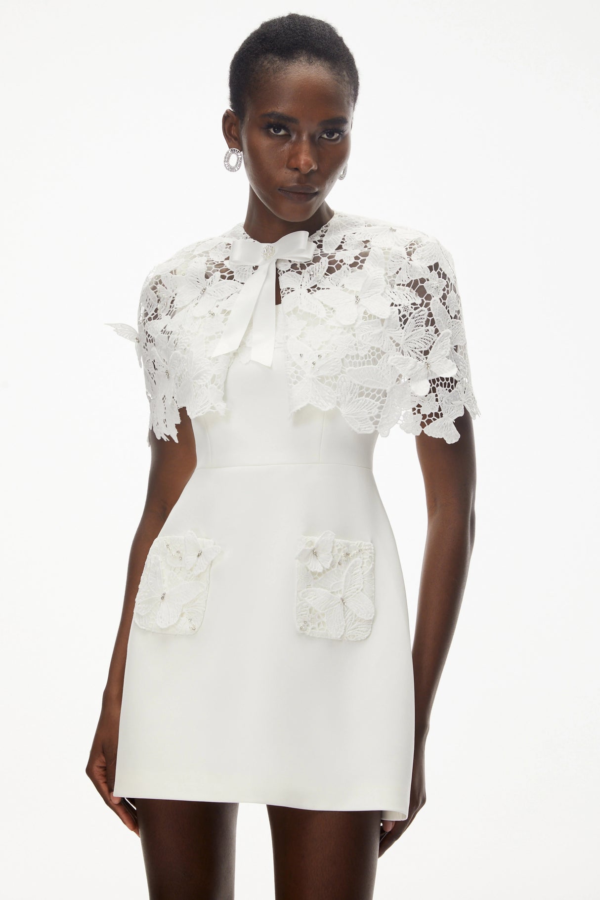 Ava White Floral Lace Mini Dress with Butterfly Applique