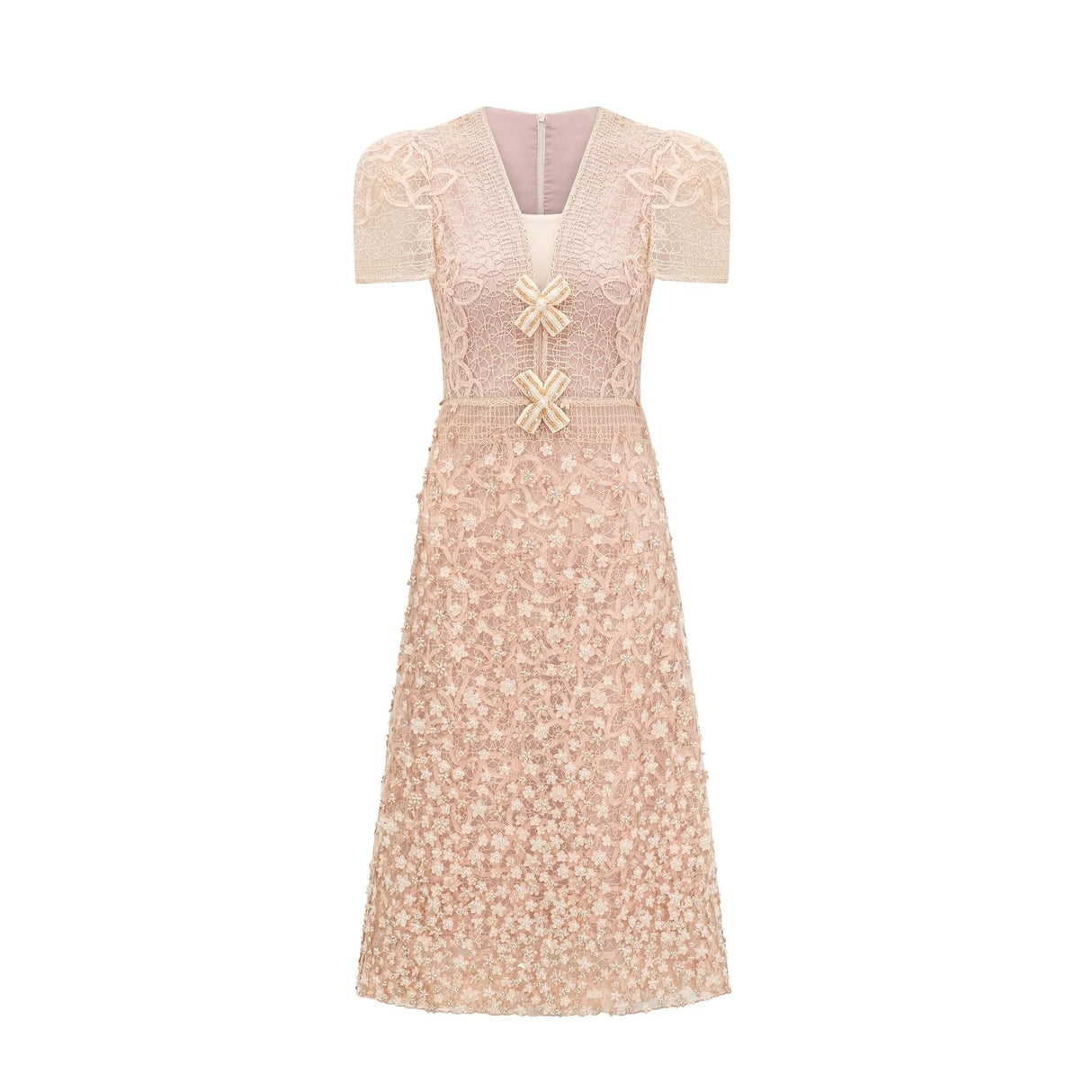 Avery Midi Dress Neutrals Crochet Faux - Flower & Bead