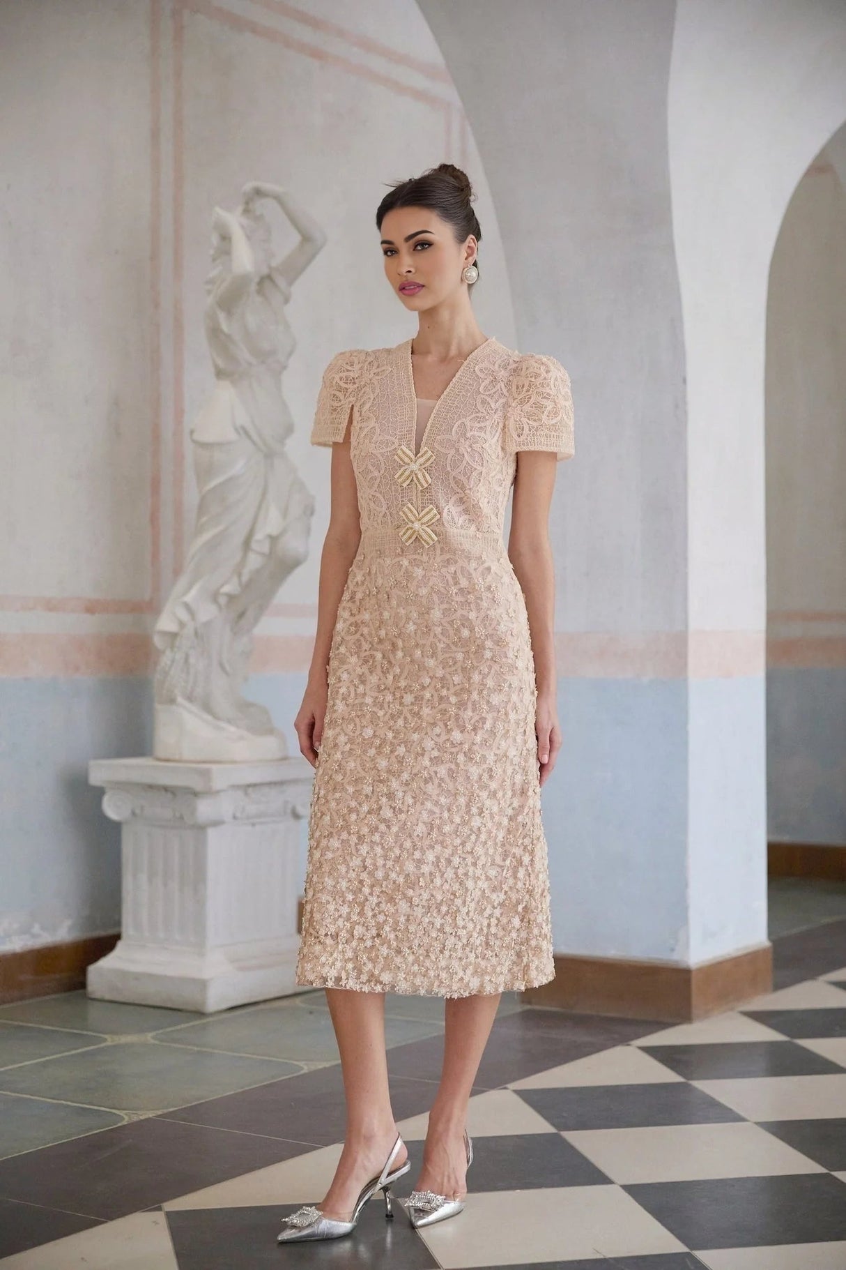 Avery Midi Dress Neutrals Crochet Faux - Flower & Bead