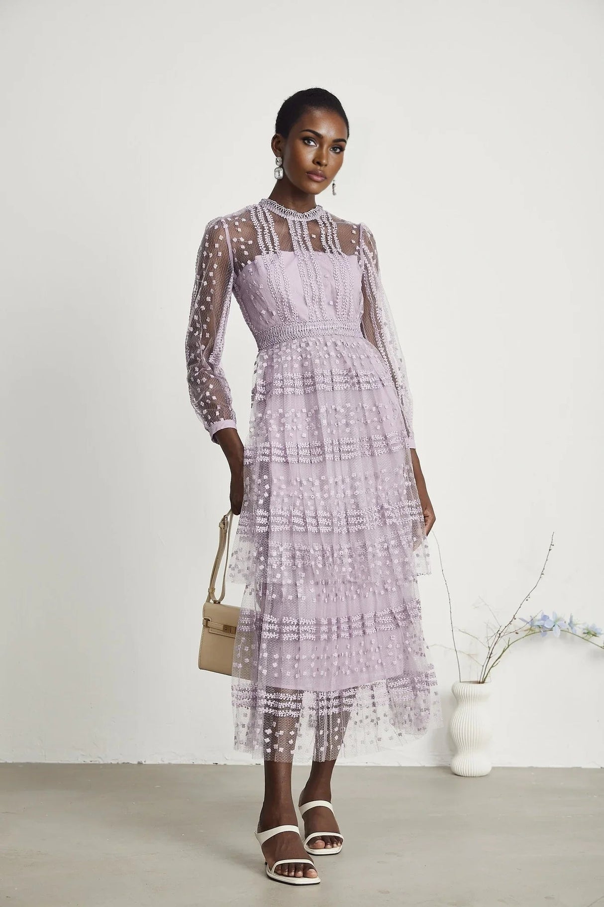 Avery Midi Dress - Puff Sleeve - High Waisted - Layered Design - Embroidered - Flounce Hem
