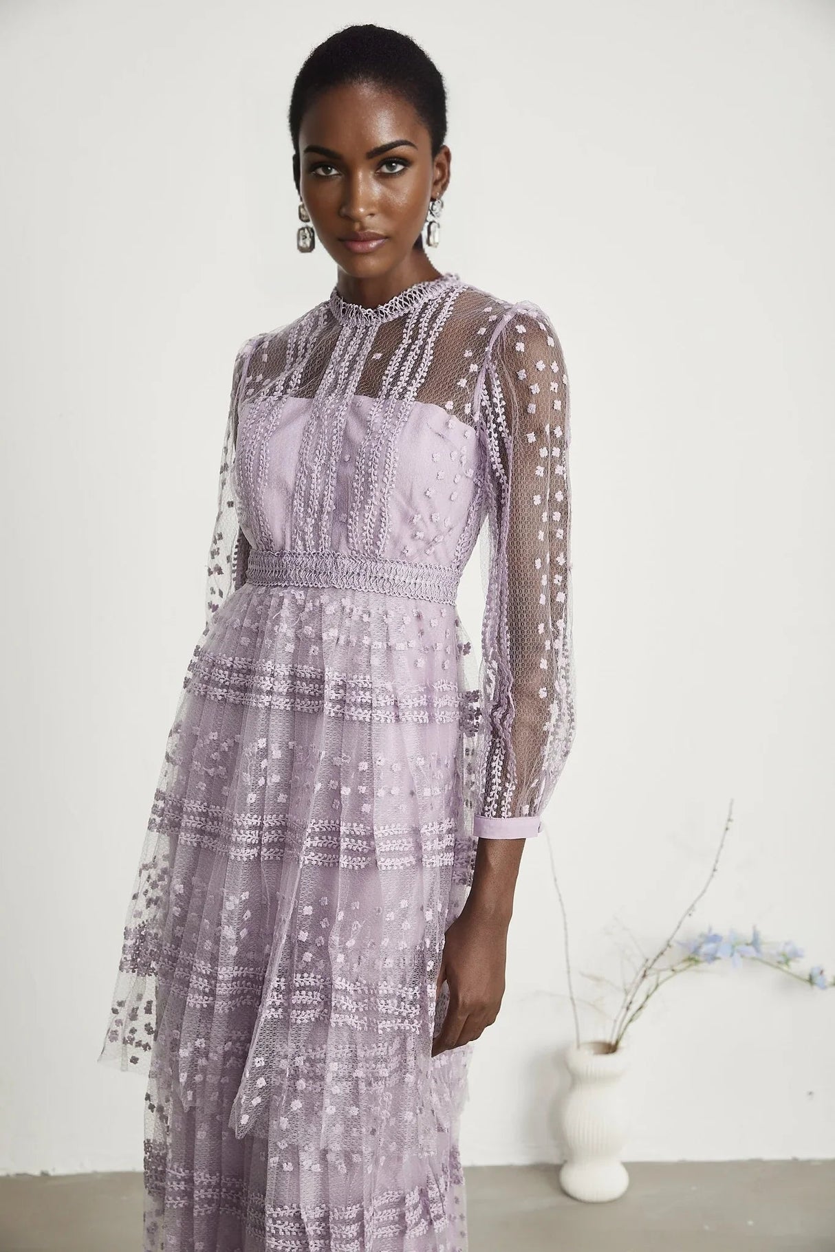 Avery Midi Dress - Puff Sleeve - High Waisted - Layered Design - Embroidered - Flounce Hem