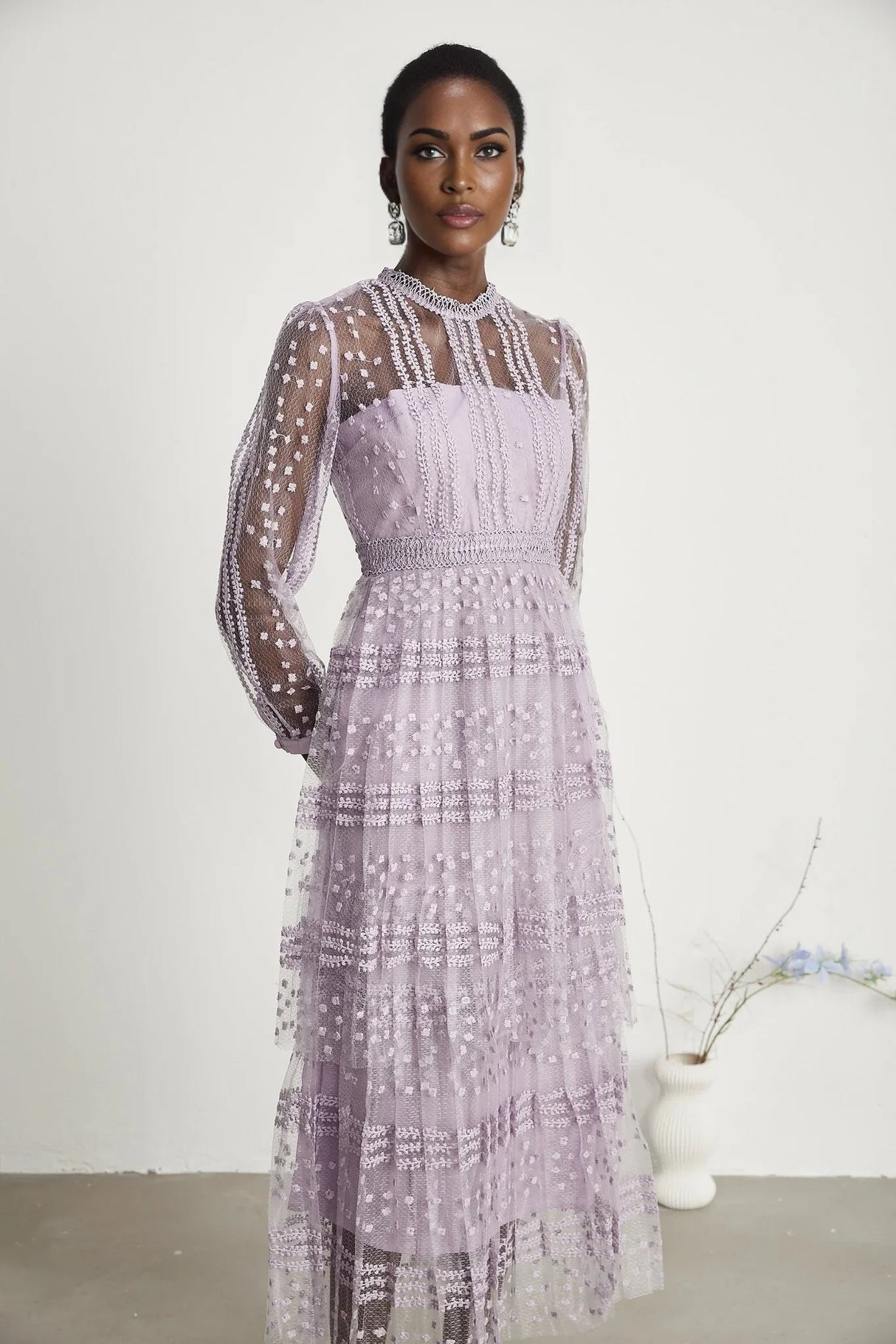 Avery Midi Dress - Puff Sleeve - High Waisted - Layered Design - Embroidered - Flounce Hem