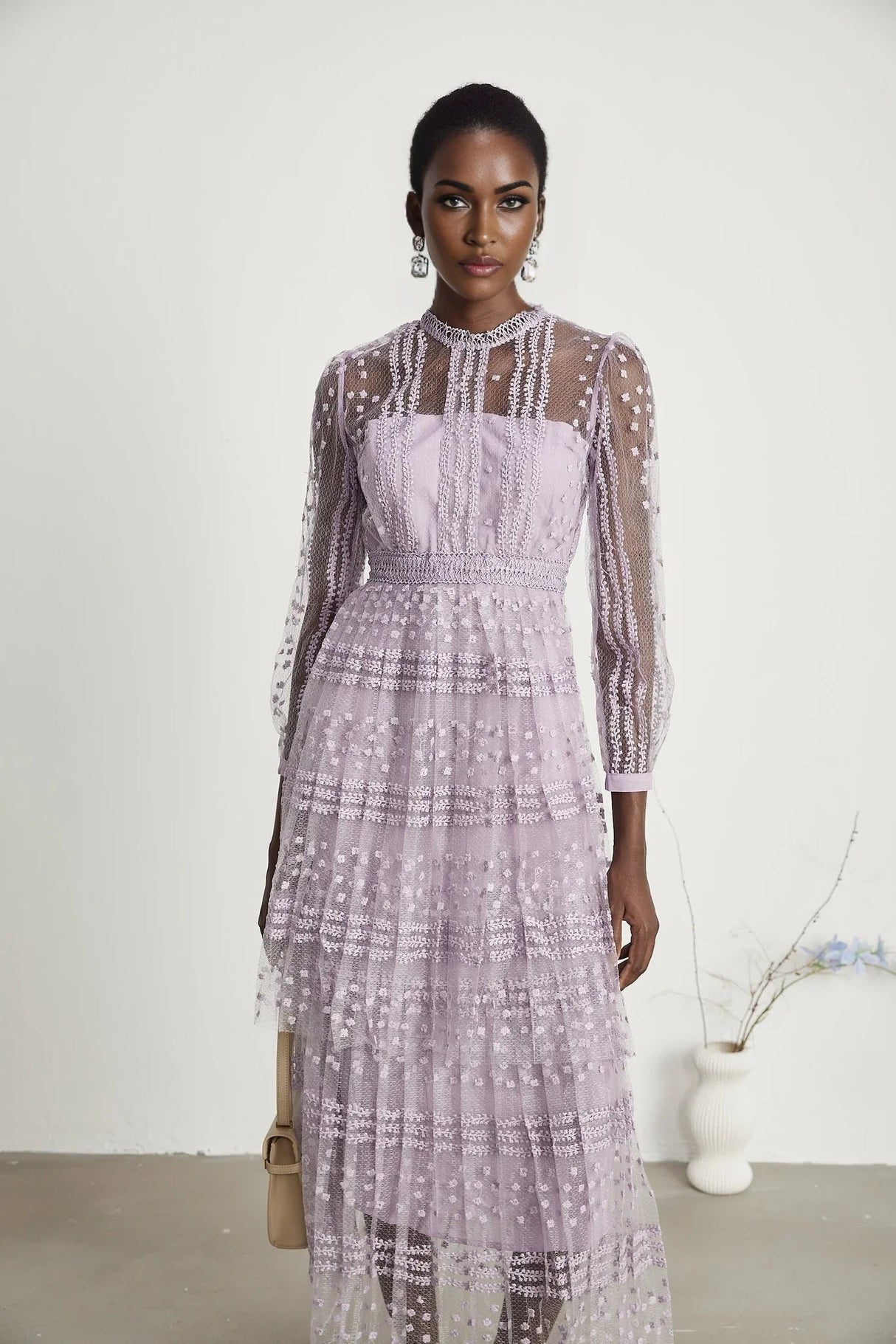 Avery Midi Dress - Puff Sleeve - High Waisted - Layered Design - Embroidered - Flounce Hem