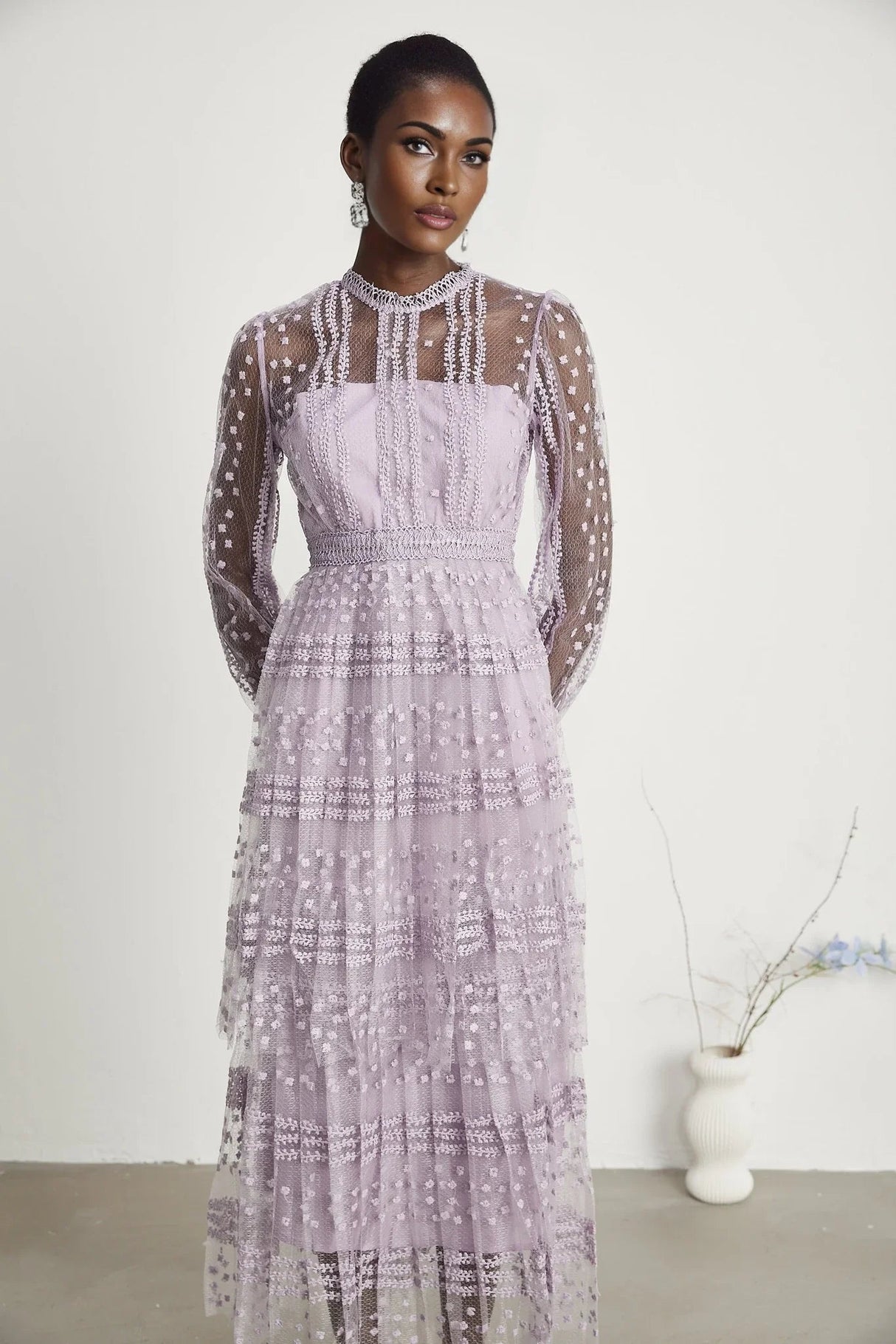 Avery Midi Dress - Puff Sleeve - High Waisted - Layered Design - Embroidered - Flounce Hem