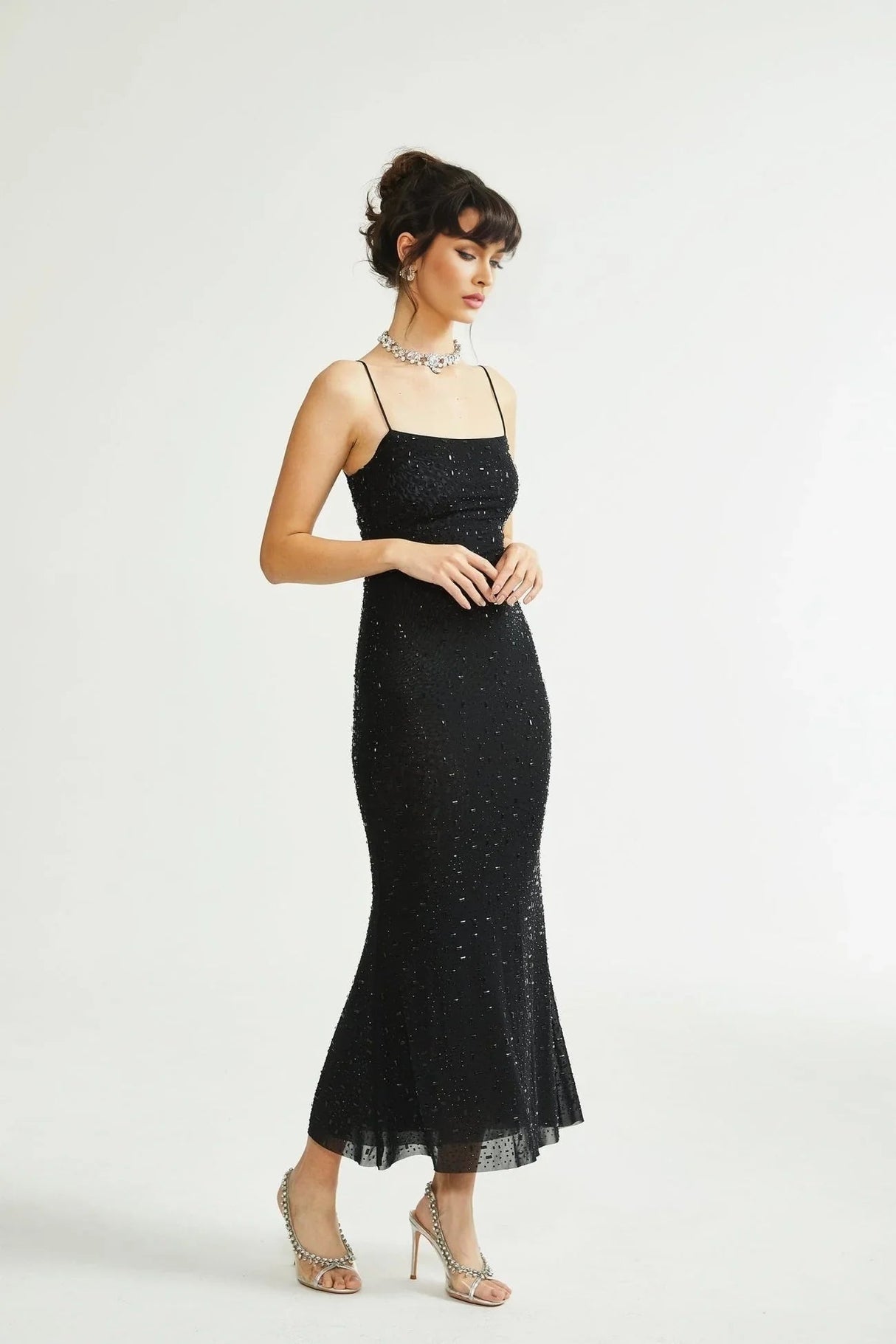 Axelle Midi Dress - Sequin Embellishment - Sleeveless - Fitted - Side Zip Fastening - Spaghetti Straps