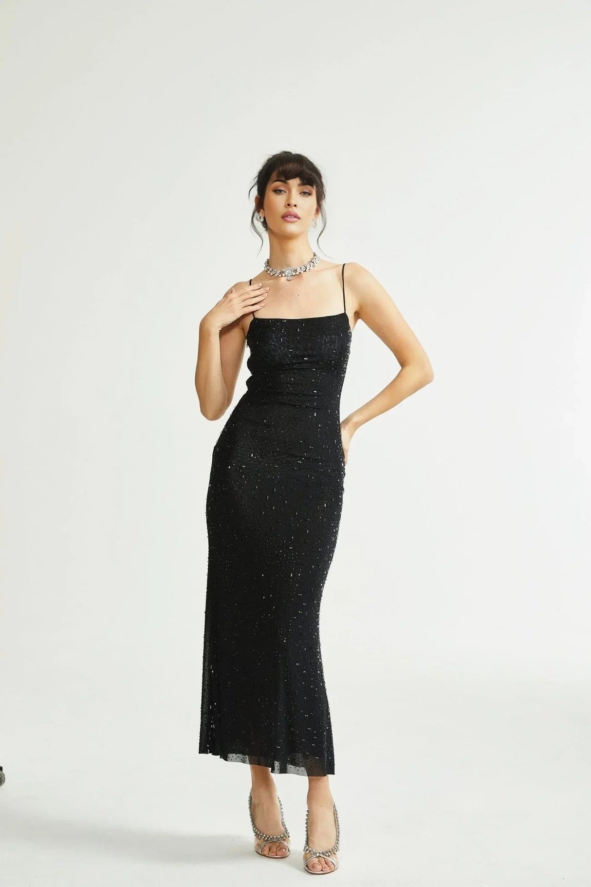 Axelle Midi Dress - Sequin Embellishment - Sleeveless - Fitted - Side Zip Fastening - Spaghetti Straps