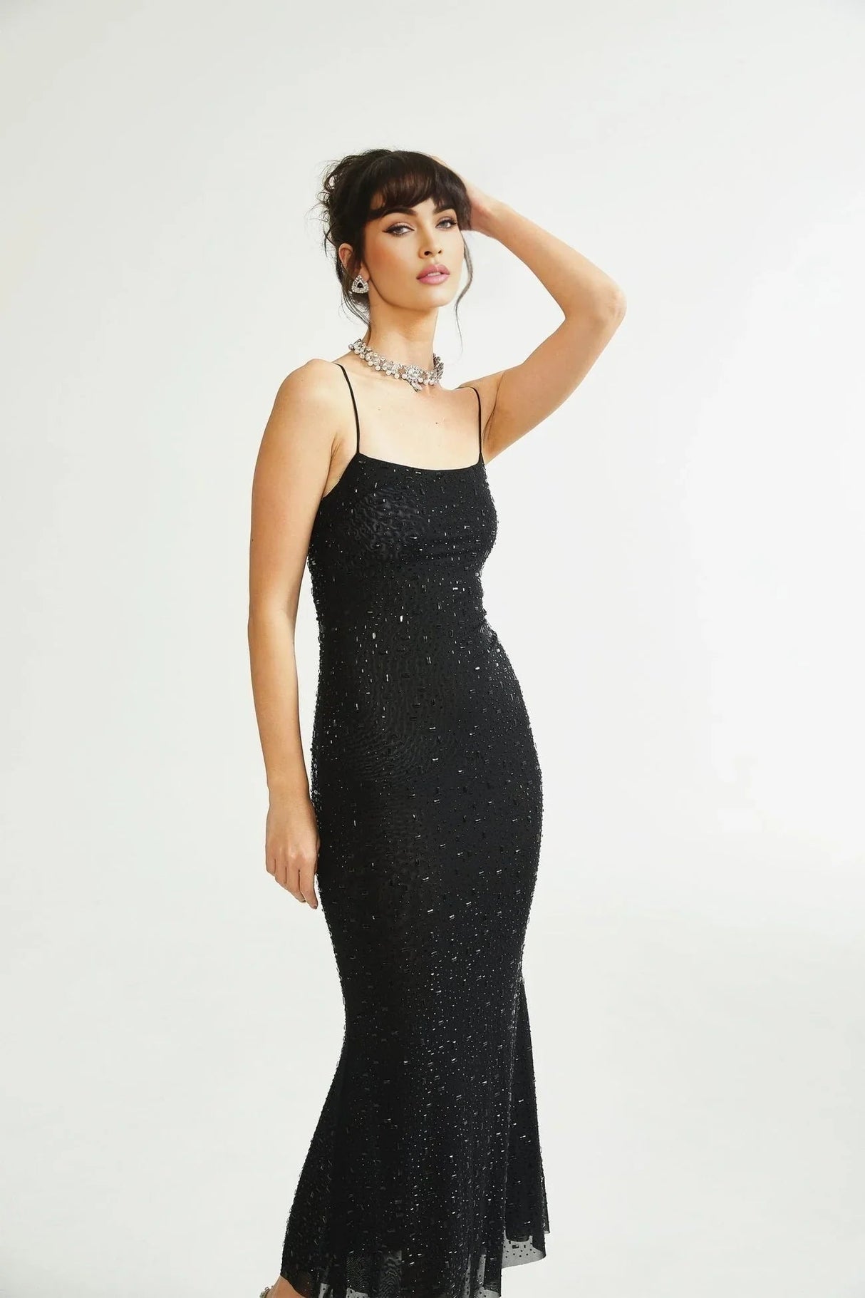 Axelle Midi Dress - Sequin Embellishment - Sleeveless - Fitted - Side Zip Fastening - Spaghetti Straps