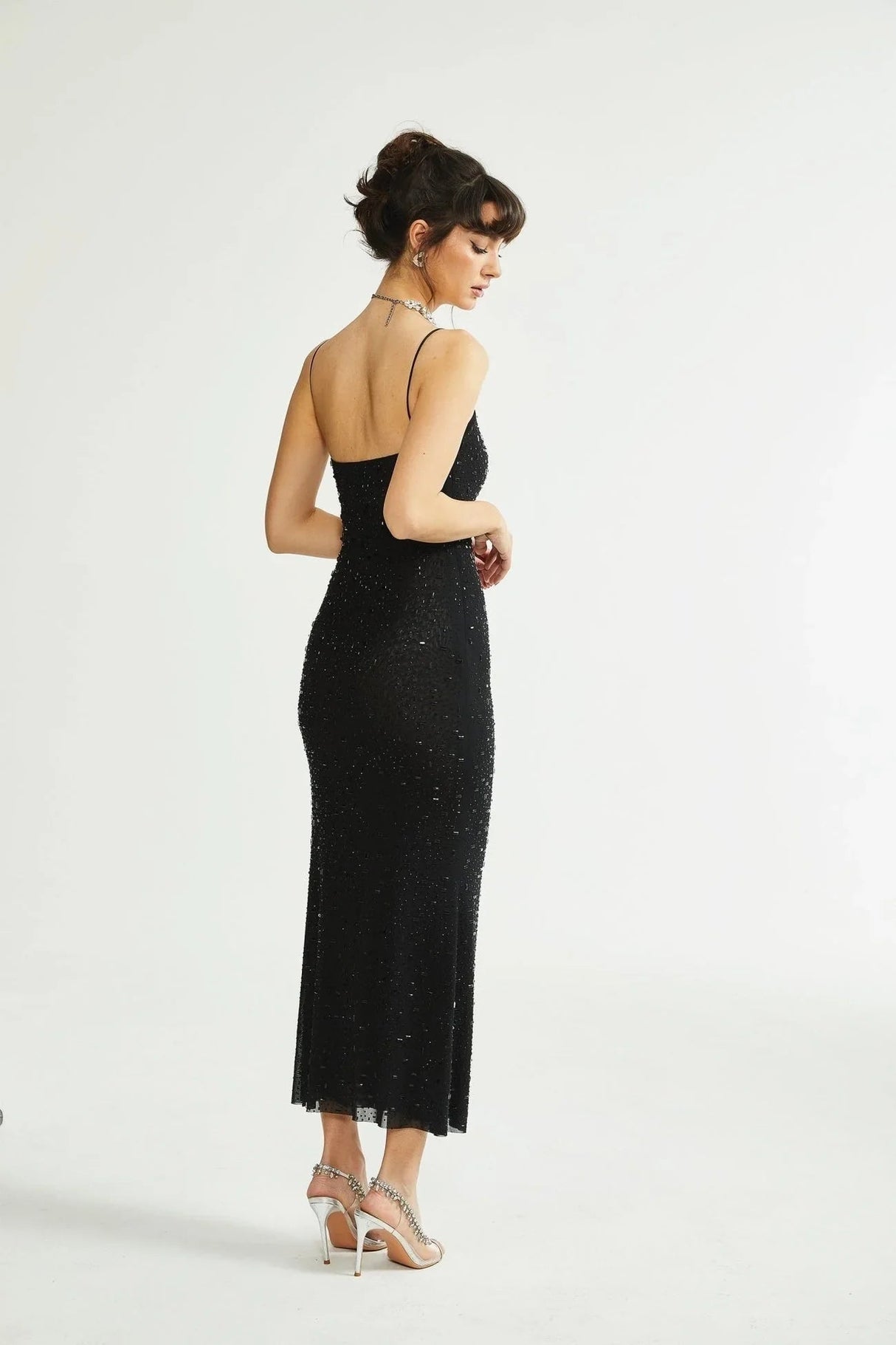 Axelle Midi Dress - Sequin Embellishment - Sleeveless - Fitted - Side Zip Fastening - Spaghetti Straps