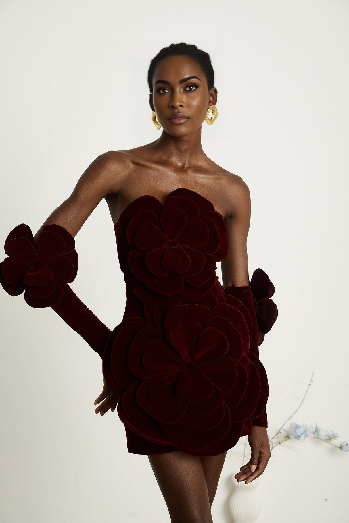 Azura Off - Shoulder Mini Dress - 3D Floral Appliqué - Long Sleeve - Couture Fit