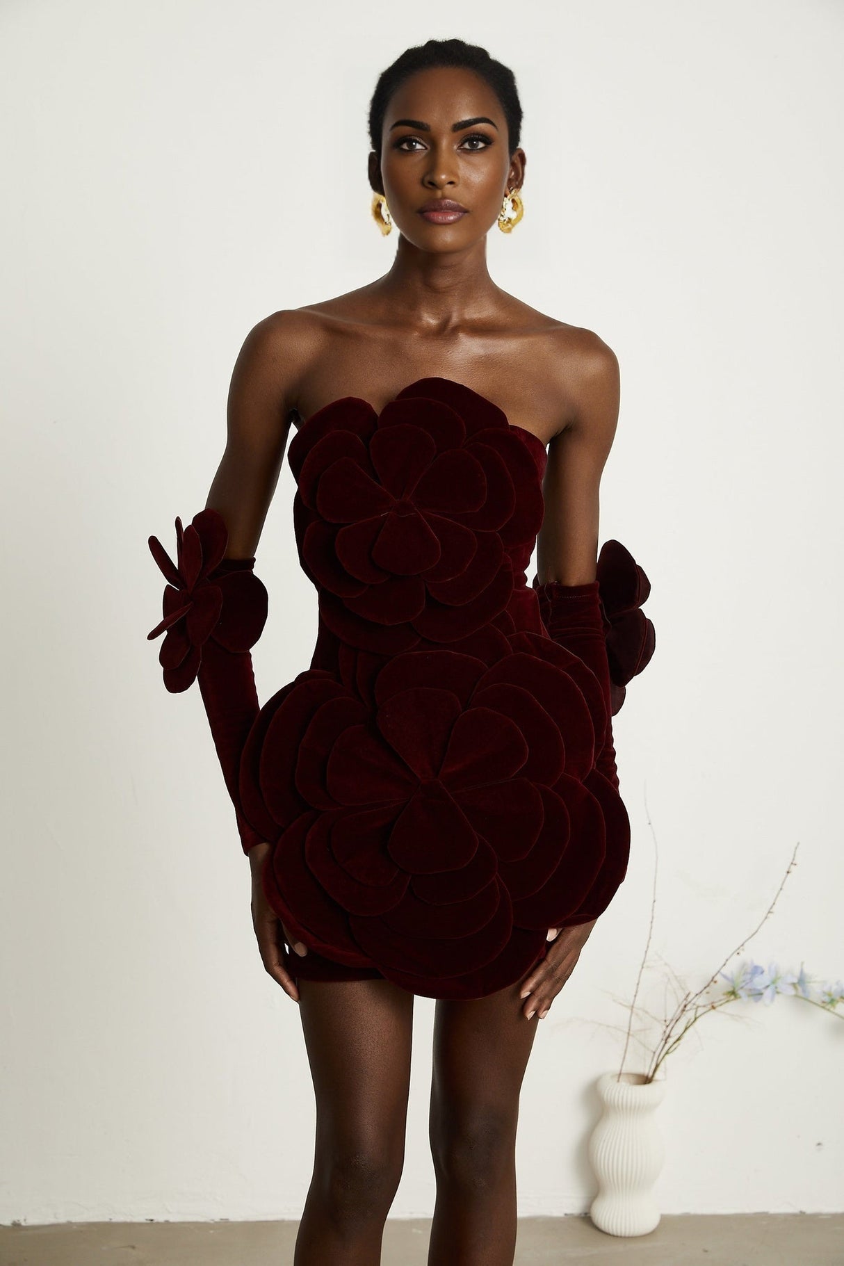 Azura Off - Shoulder Mini Dress - 3D Floral Appliqué - Long Sleeve - Couture Fit