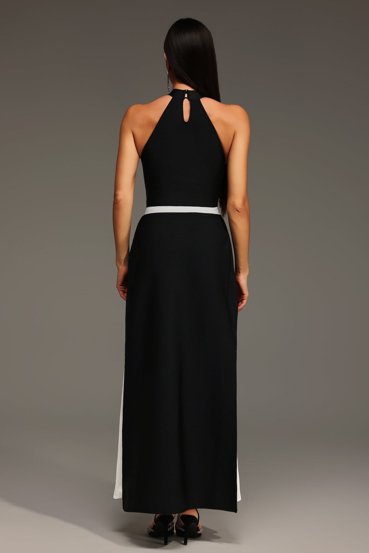 Azzurra Black Sleeveless Halter Maxi Dress with Wrinkle Detailing and Contrast Waistband