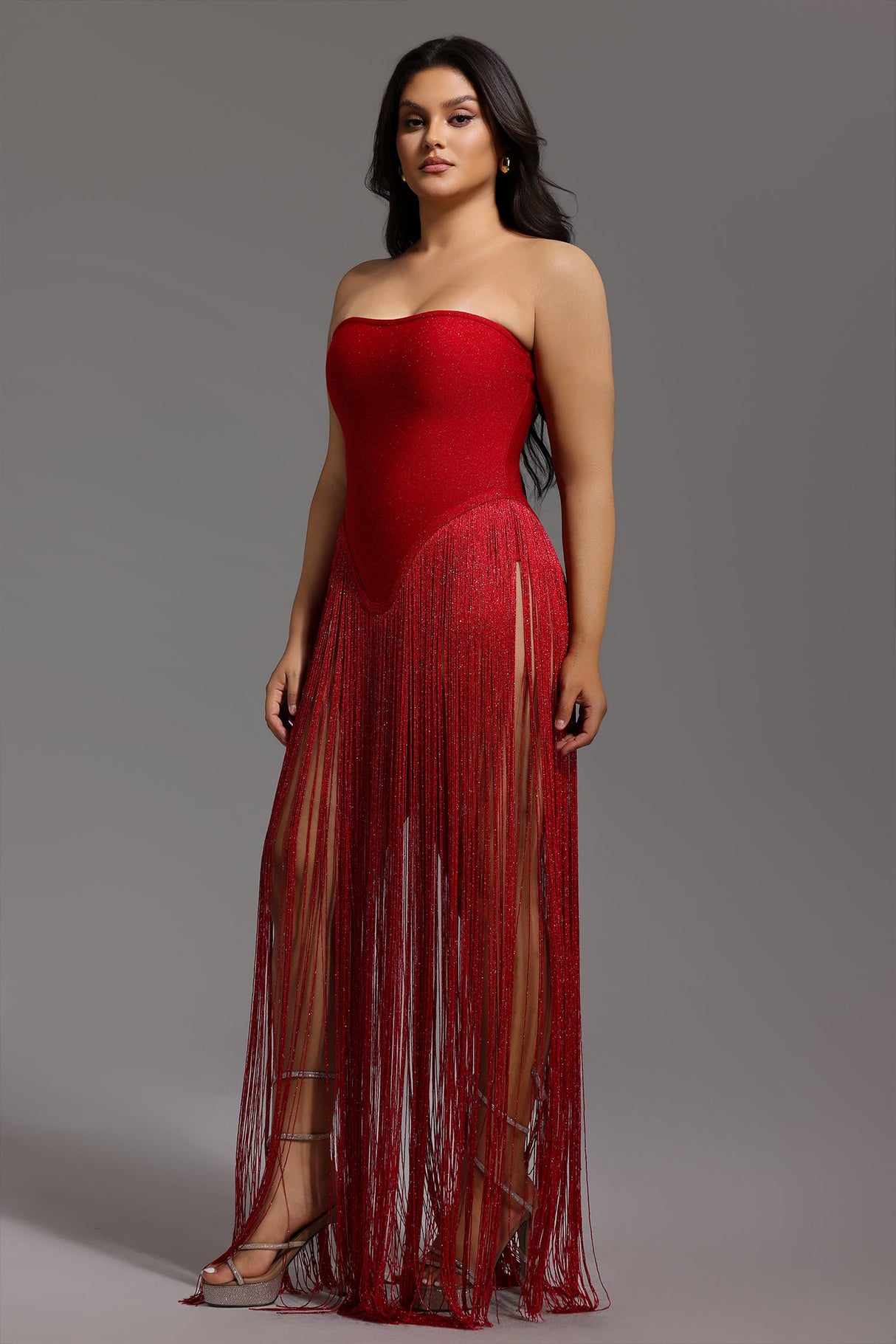 Azzurra Red Fringe High-Slit Dress