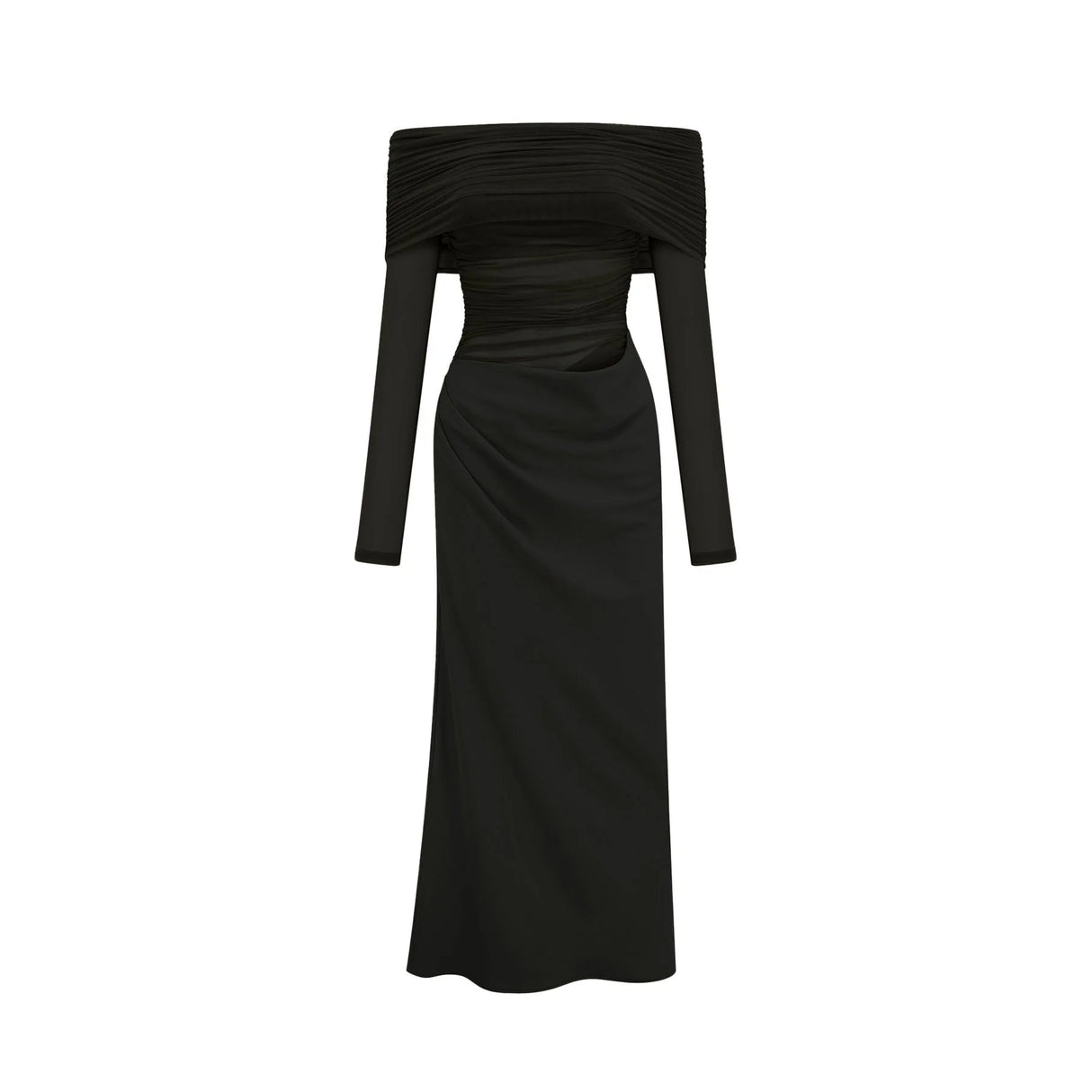Bailey Midi Dress Black Semi - Sheer Off - Shoulder & Ruched