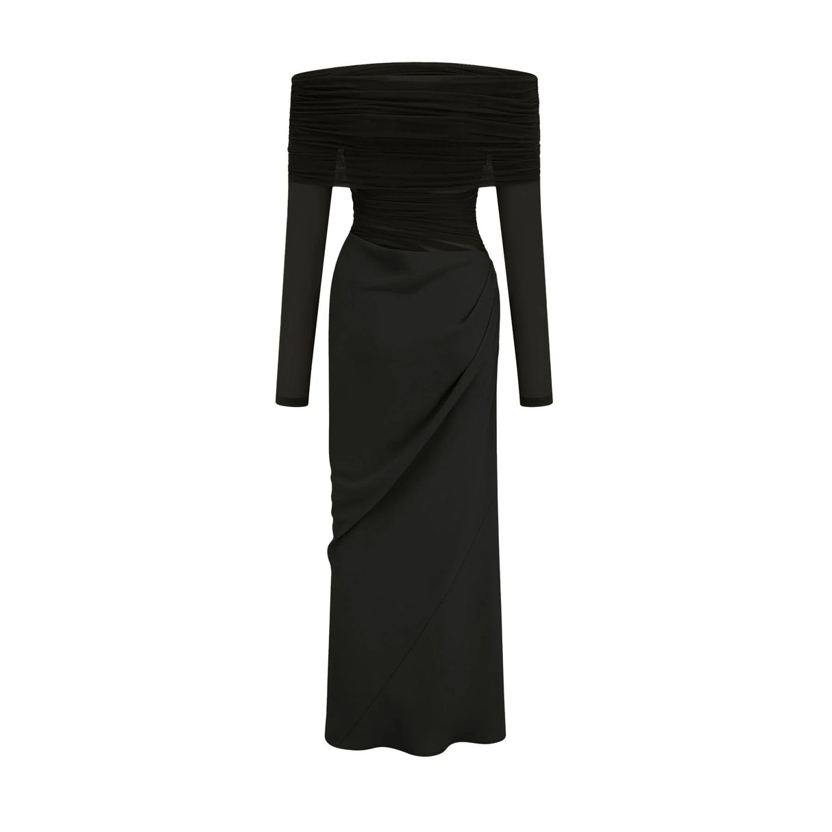 Bailey Midi Dress Black Semi - Sheer Off - Shoulder & Ruched