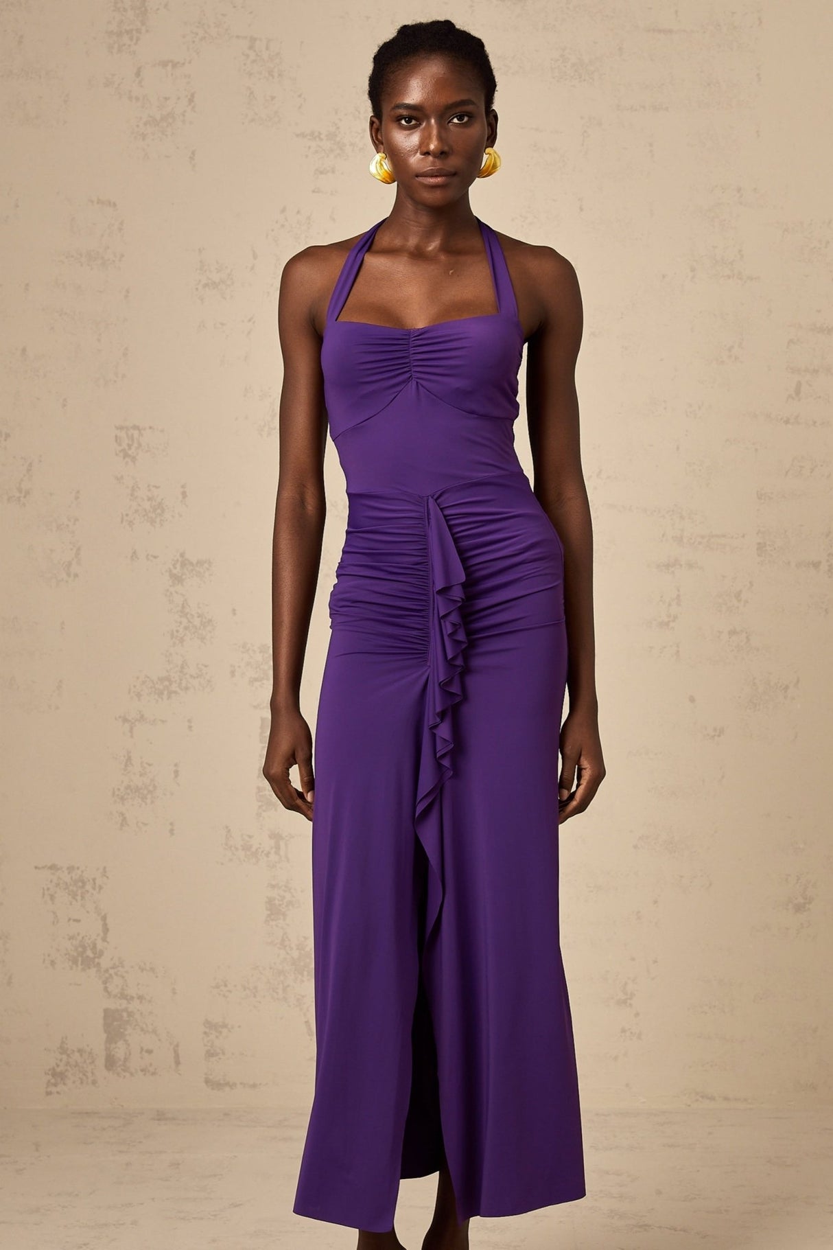 Bailey Midi Dress - Halterneck - Ruched Detailing - Cinched Waist - Open Back
