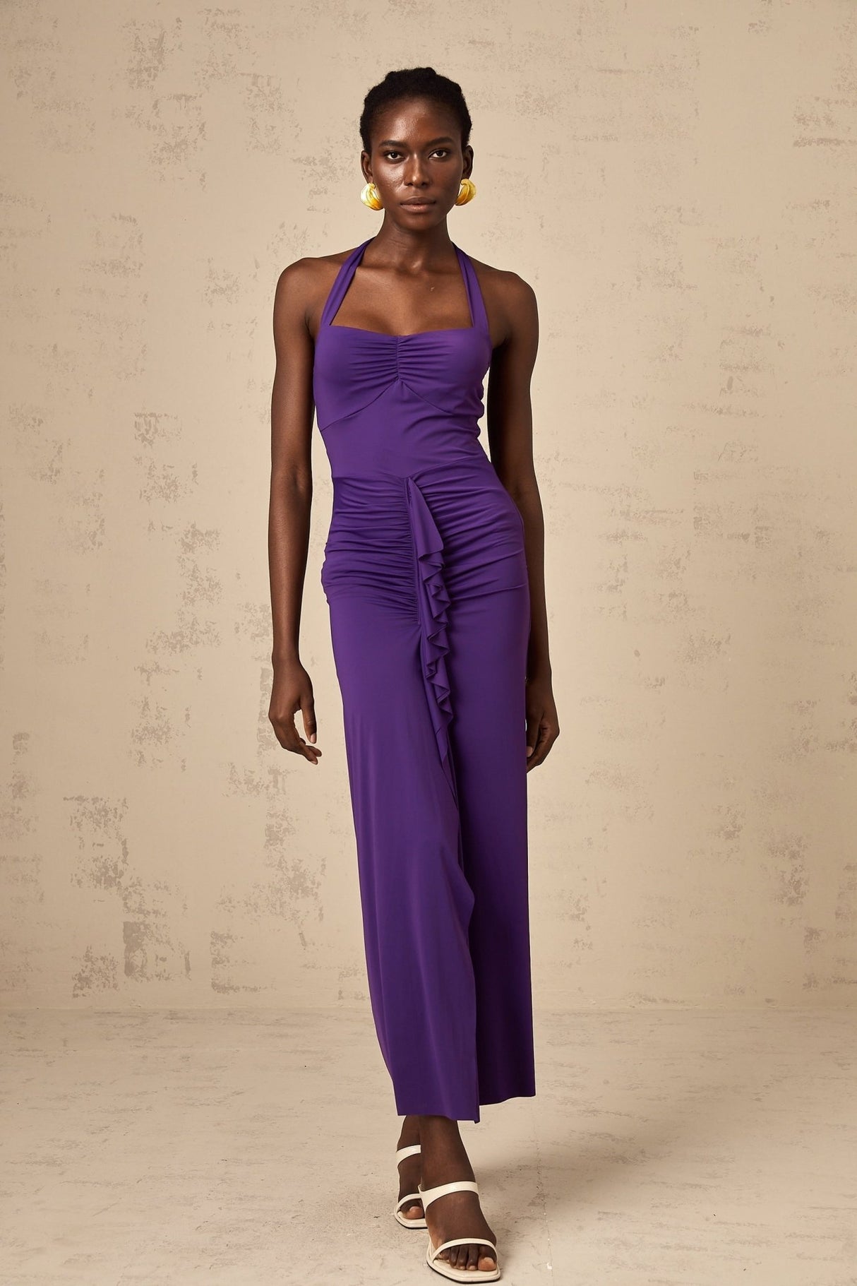 Bailey Midi Dress - Halterneck - Ruched Detailing - Cinched Waist - Open Back