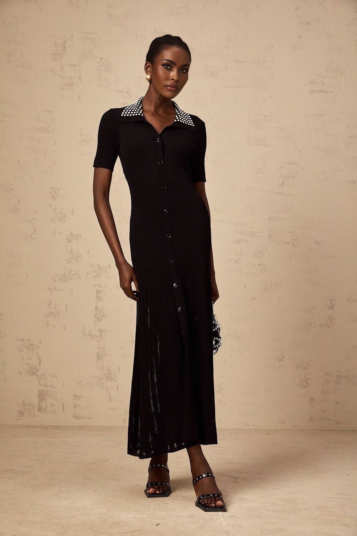 Bailey Midi Dress - Knitted Construction - Stretch Design - Lapels - Stud Embellishment