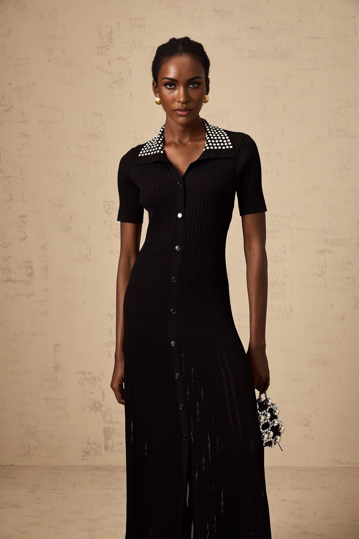 Bailey Midi Dress - Knitted Construction - Stretch Design - Lapels - Stud Embellishment