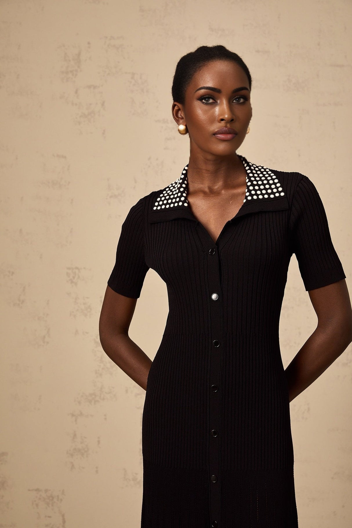 Bailey Midi Dress - Knitted Construction - Stretch Design - Lapels - Stud Embellishment