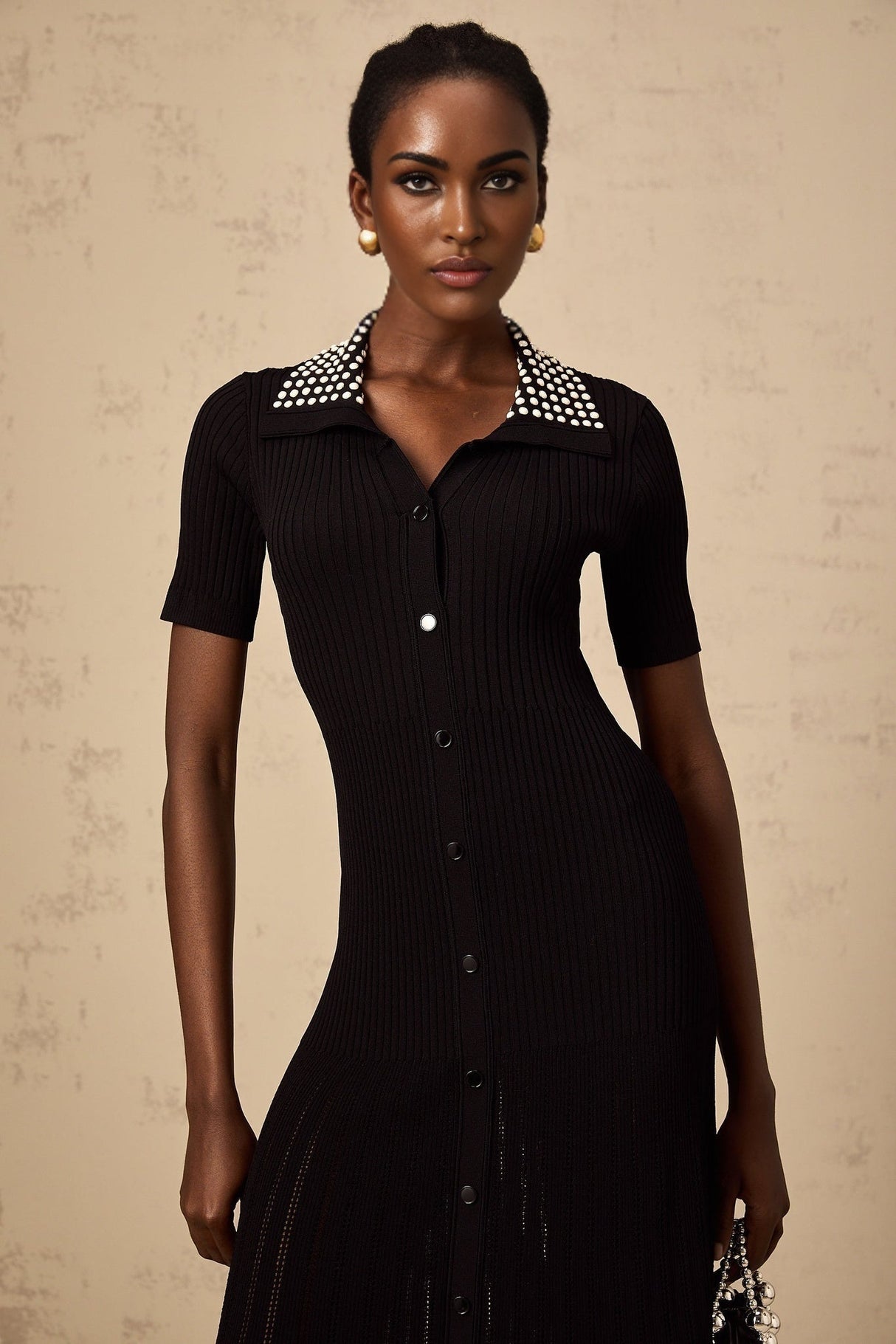 Bailey Midi Dress - Knitted Construction - Stretch Design - Lapels - Stud Embellishment
