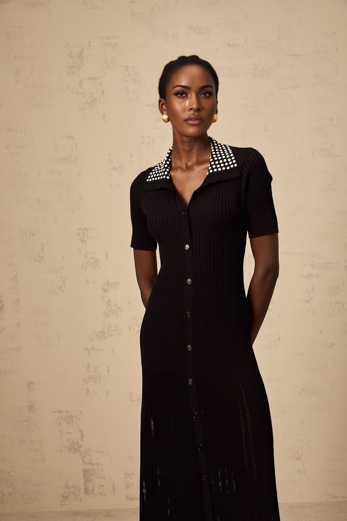 Bailey Midi Dress - Knitted Construction - Stretch Design - Lapels - Stud Embellishment