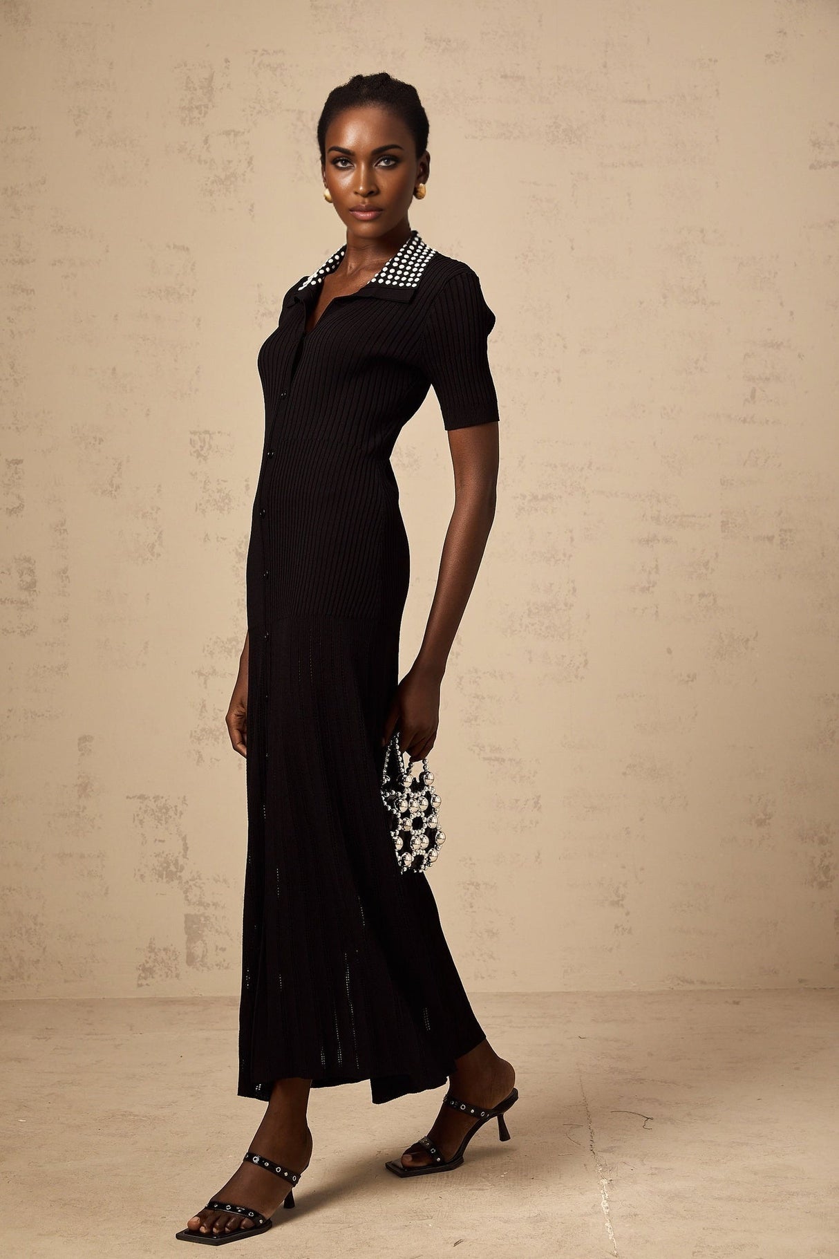 Bailey Midi Dress - Knitted Construction - Stretch Design - Lapels - Stud Embellishment