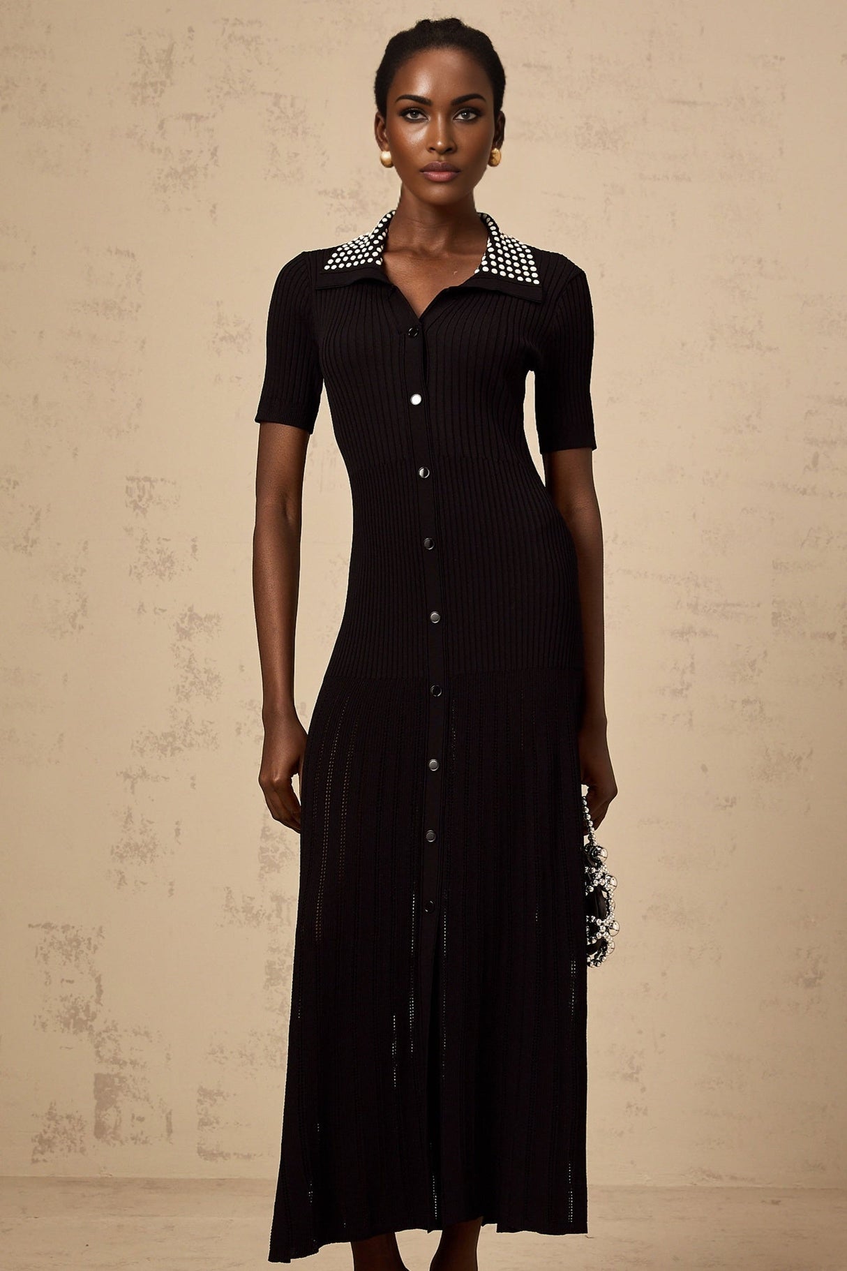 Bailey Midi Dress - Knitted Construction - Stretch Design - Lapels - Stud Embellishment