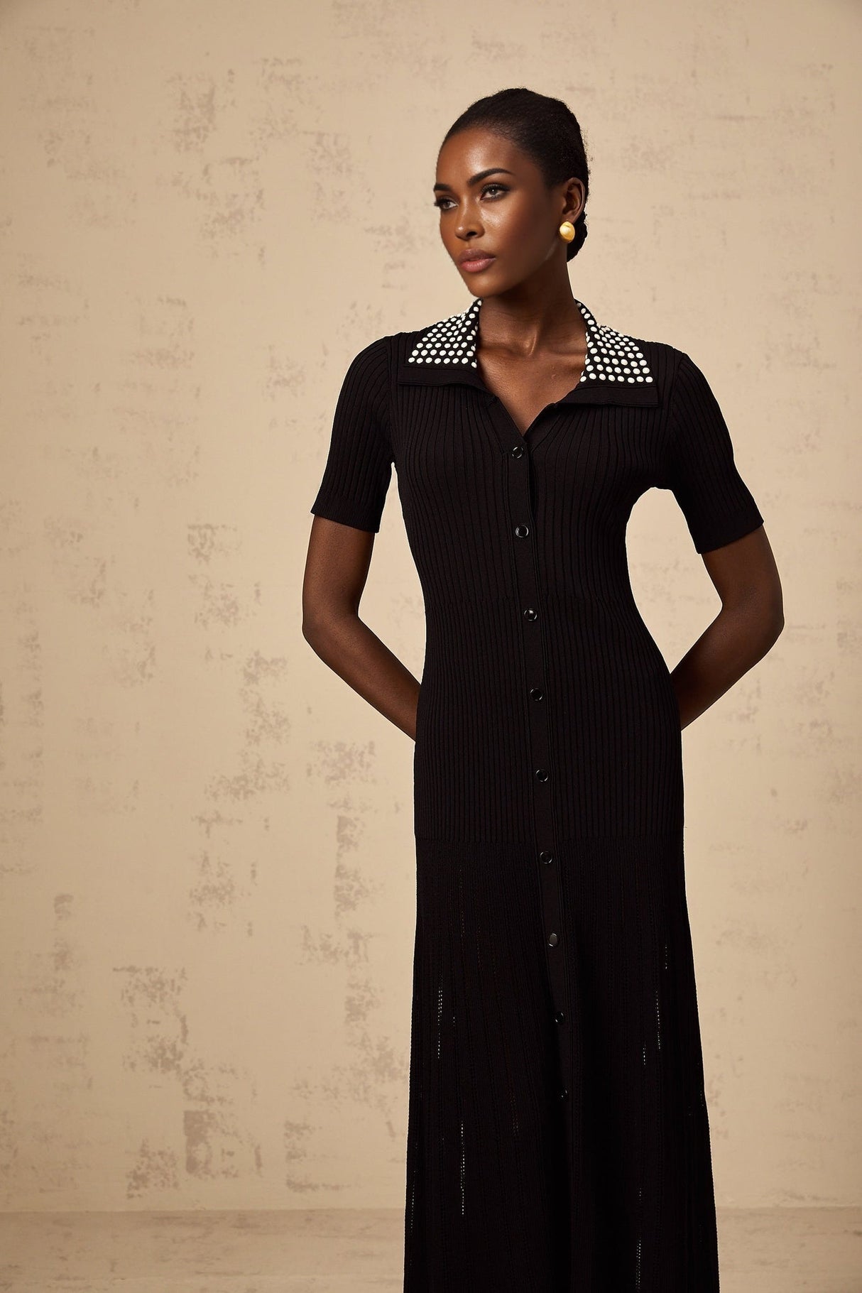 Bailey Midi Dress - Knitted Construction - Stretch Design - Lapels - Stud Embellishment