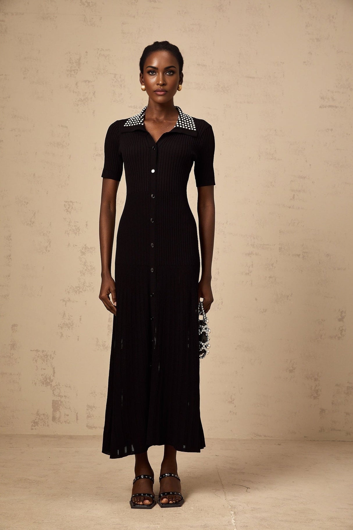 Bailey Midi Dress - Knitted Construction - Stretch Design - Lapels - Stud Embellishment