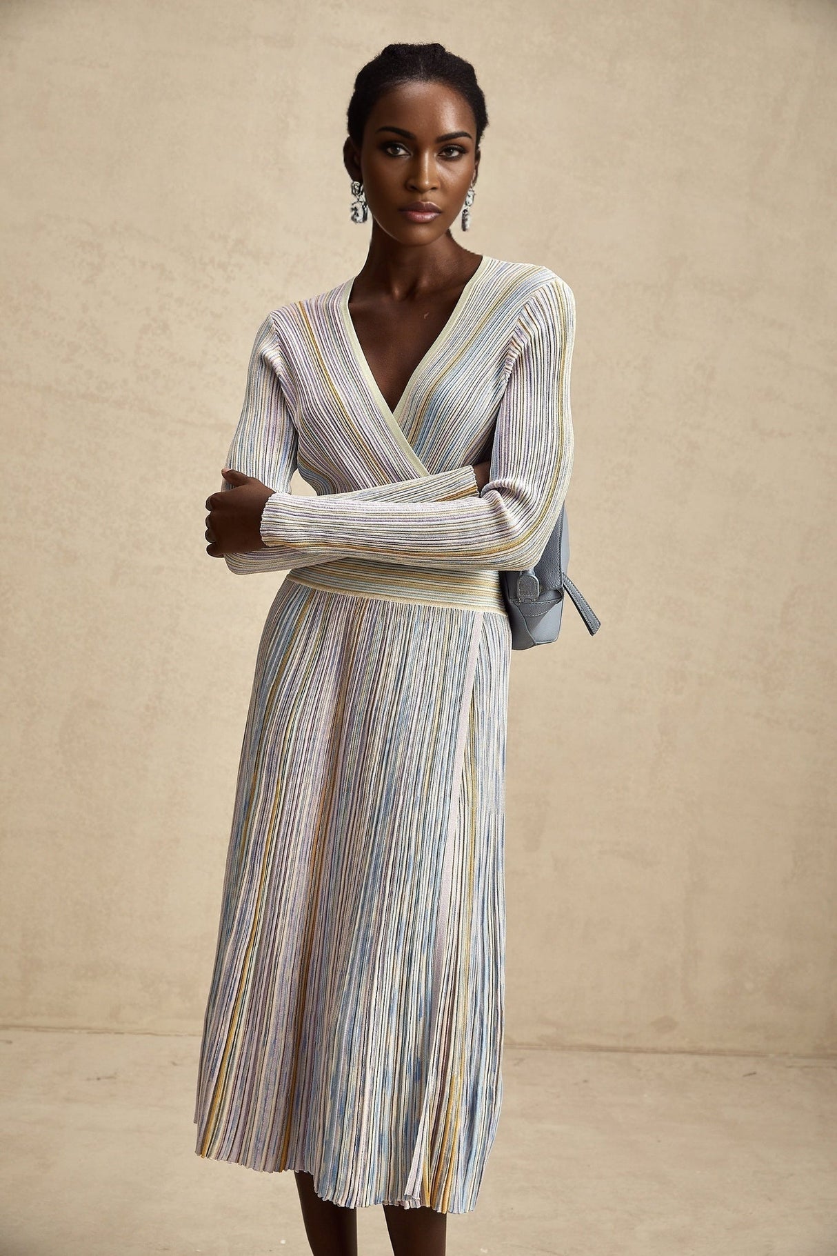 Bailey Midi Dress - V - Neck Design - Ribbed Knit - Metallic Threading - Elasticated Waist - Vertical Stripe Pattern