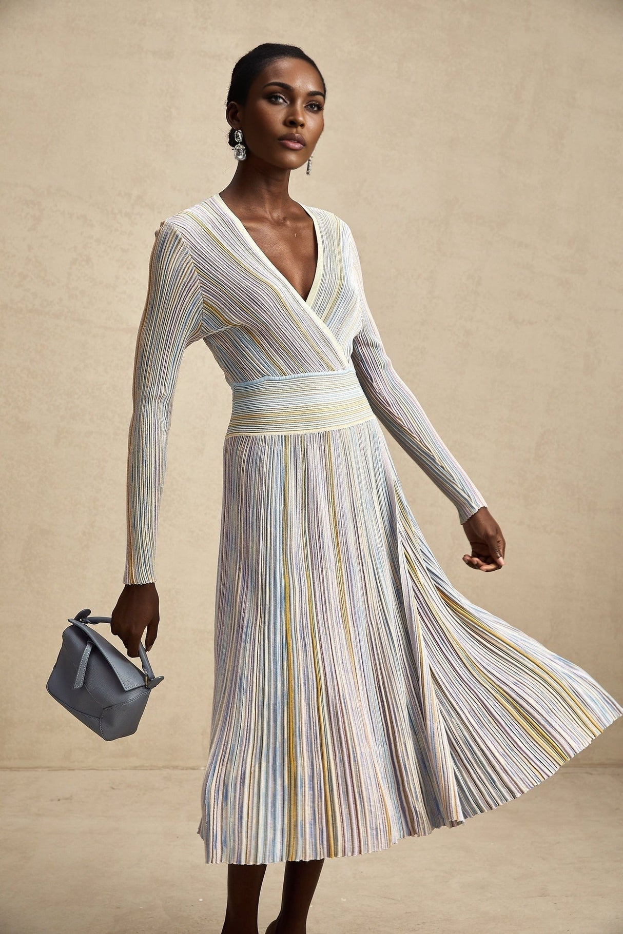 Bailey Midi Dress - V - Neck Design - Ribbed Knit - Metallic Threading - Elasticated Waist - Vertical Stripe Pattern