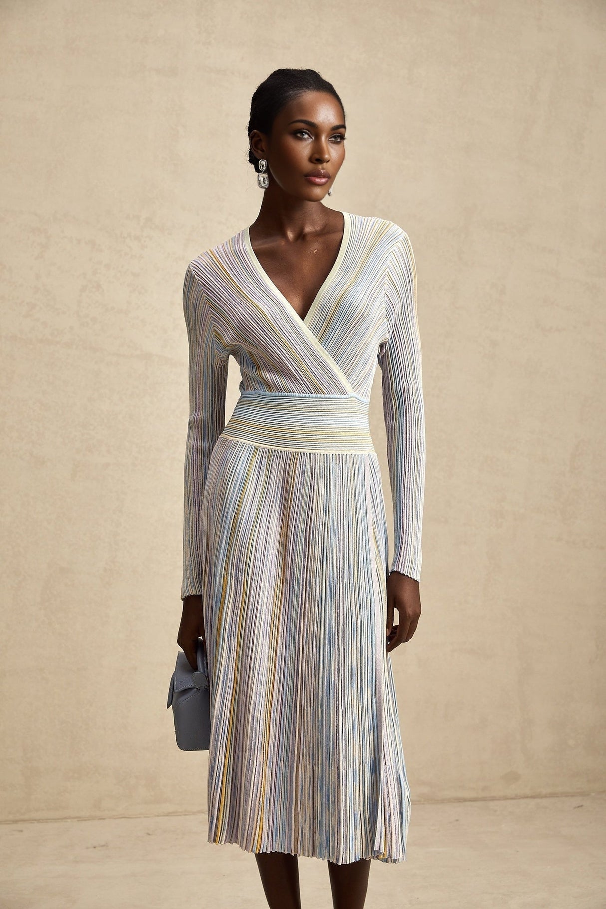 Bailey Midi Dress - V - Neck Design - Ribbed Knit - Metallic Threading - Elasticated Waist - Vertical Stripe Pattern