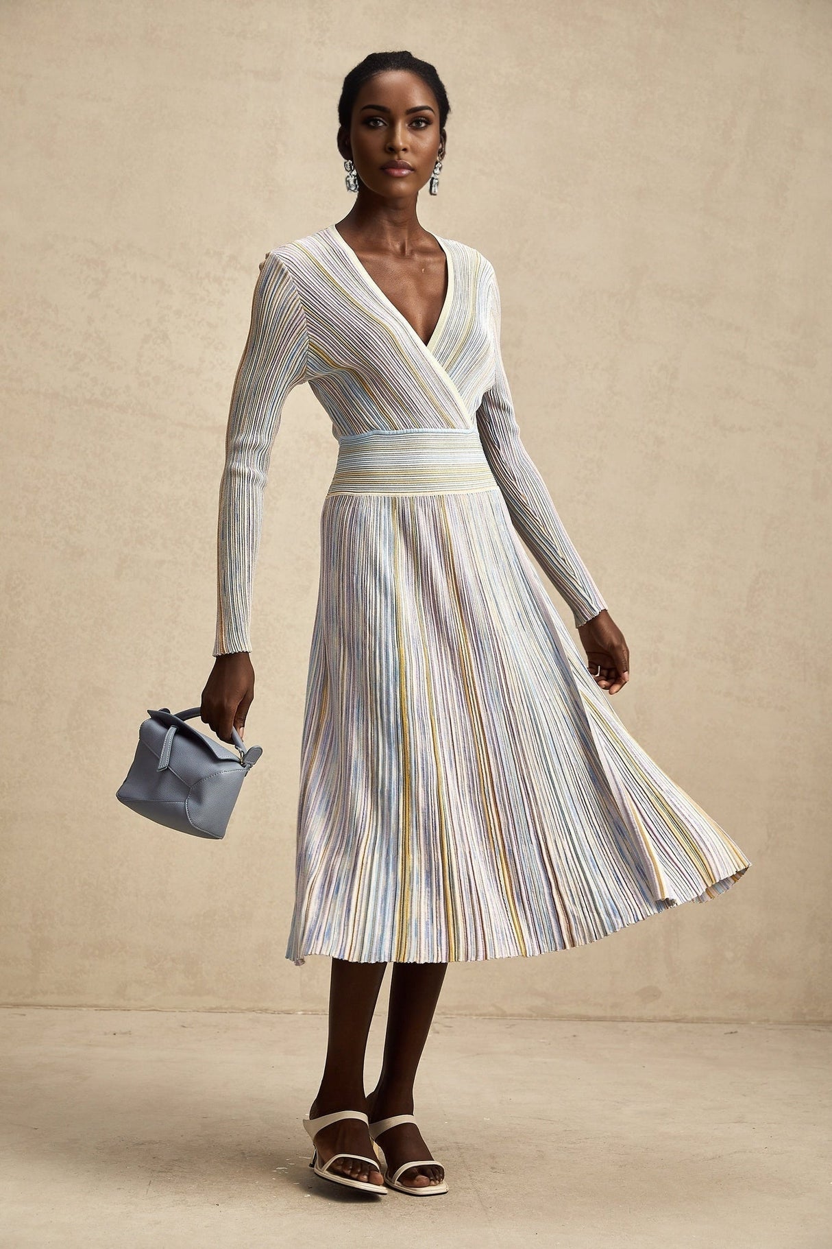 Bailey Midi Dress - V - Neck Design - Ribbed Knit - Metallic Threading - Elasticated Waist - Vertical Stripe Pattern