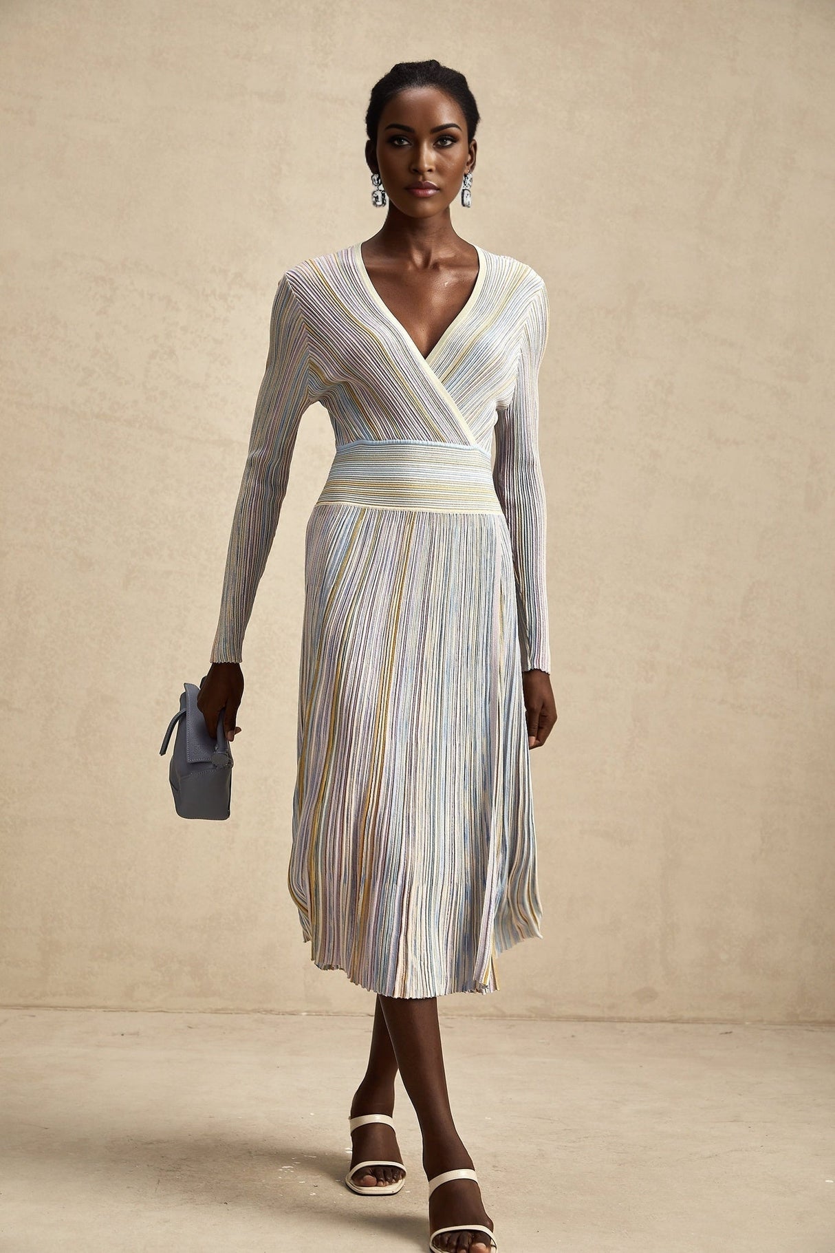Bailey Midi Dress - V - Neck Design - Ribbed Knit - Metallic Threading - Elasticated Waist - Vertical Stripe Pattern