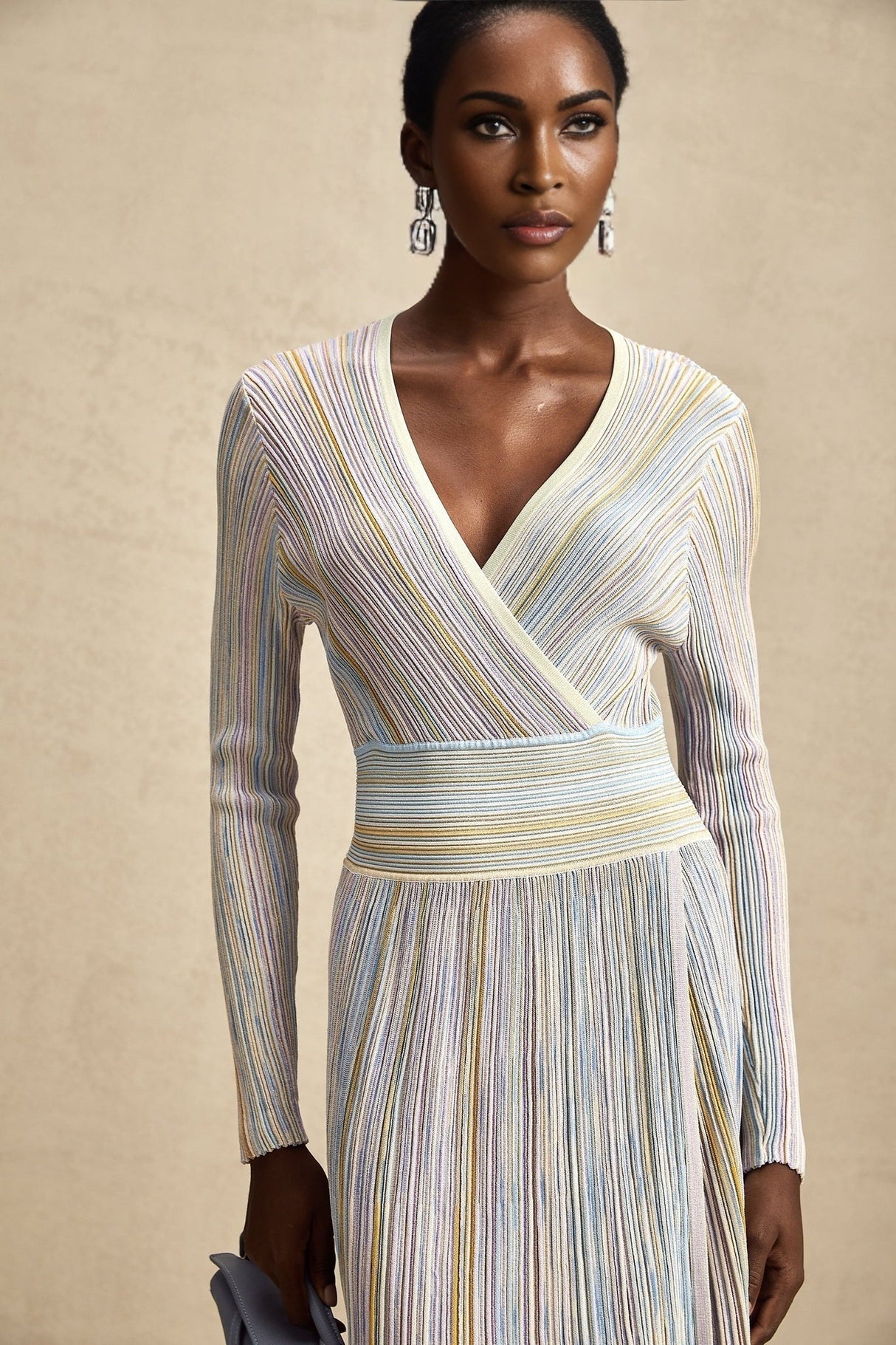 Bailey Midi Dress - V - Neck Design - Ribbed Knit - Metallic Threading - Elasticated Waist - Vertical Stripe Pattern
