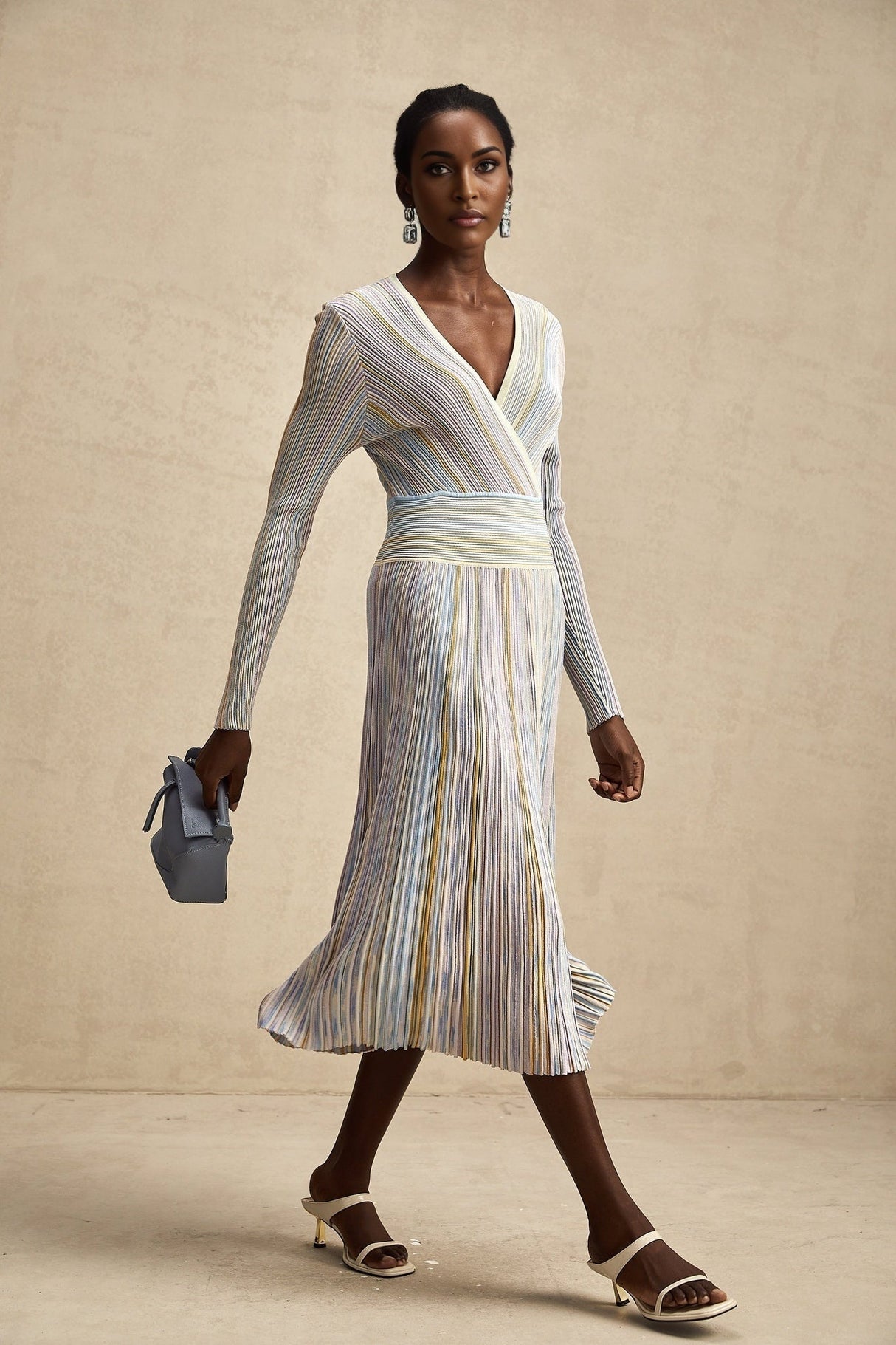 Bailey Midi Dress - V - Neck Design - Ribbed Knit - Metallic Threading - Elasticated Waist - Vertical Stripe Pattern
