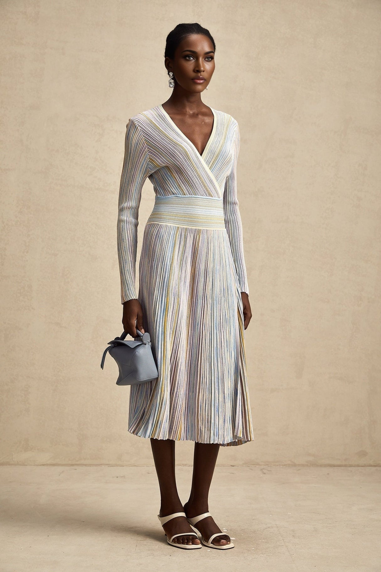 Bailey Midi Dress - V - Neck Design - Ribbed Knit - Metallic Threading - Elasticated Waist - Vertical Stripe Pattern