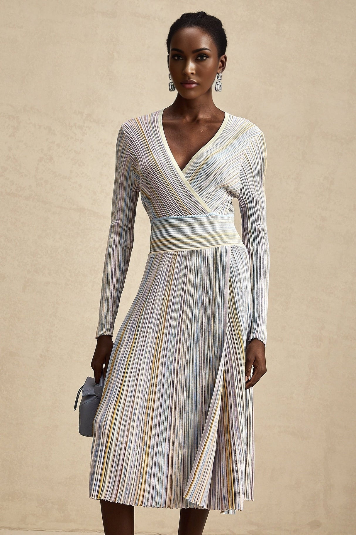 Bailey Midi Dress - V - Neck Design - Ribbed Knit - Metallic Threading - Elasticated Waist - Vertical Stripe Pattern