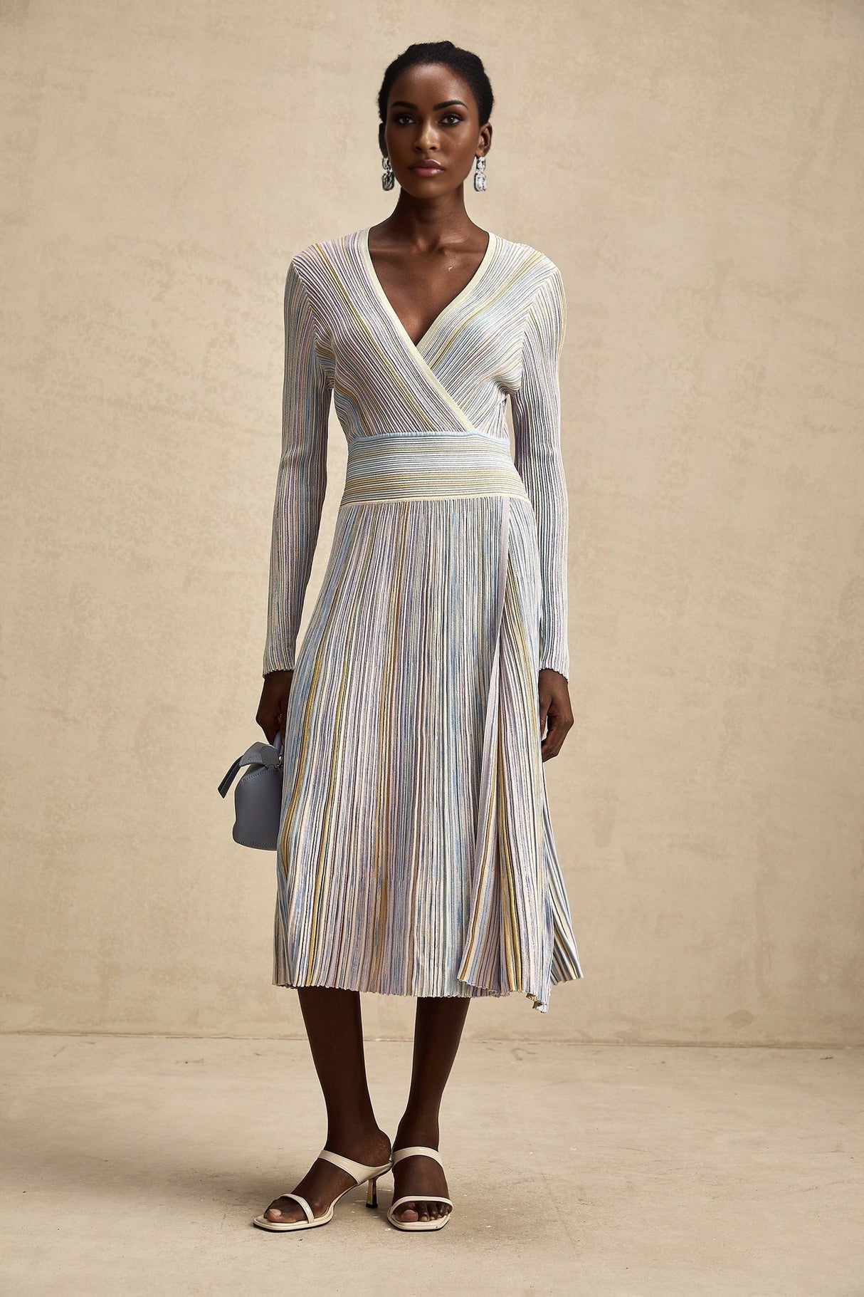 Bailey Midi Dress - V - Neck Design - Ribbed Knit - Metallic Threading - Elasticated Waist - Vertical Stripe Pattern