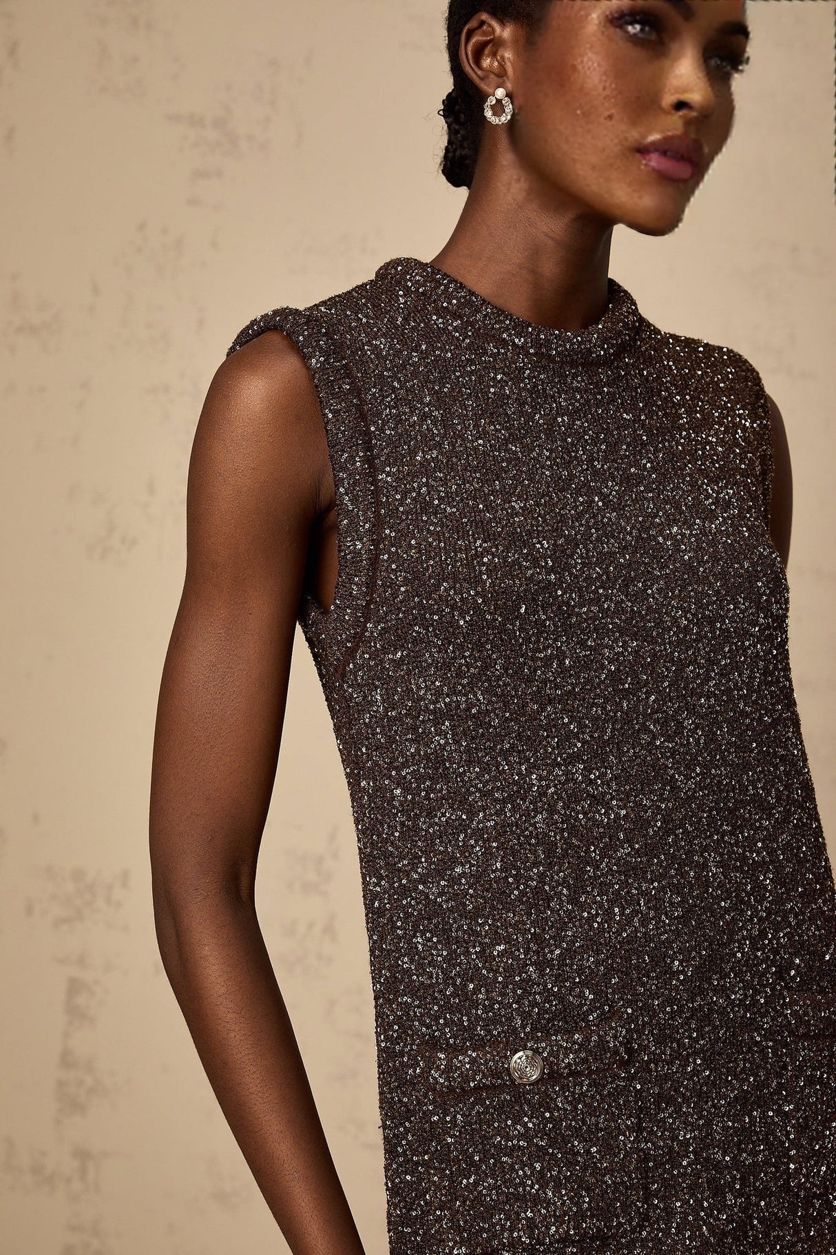 Bailey Mini Dress - Sleeveless - Knitted Sequin Embellished - Patch Pockets