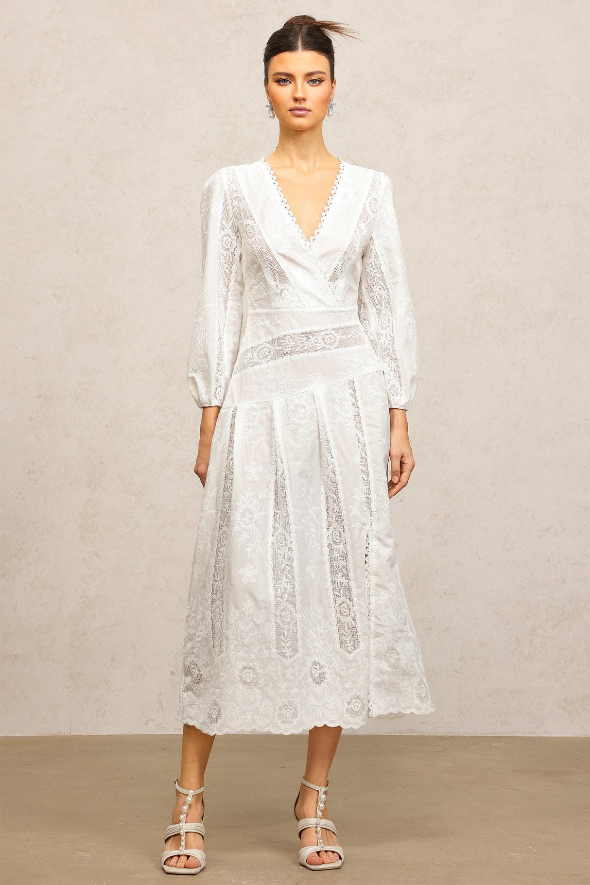 Bailey White Lace Maxi Dress with V-Neckline and Puffed Sleeves