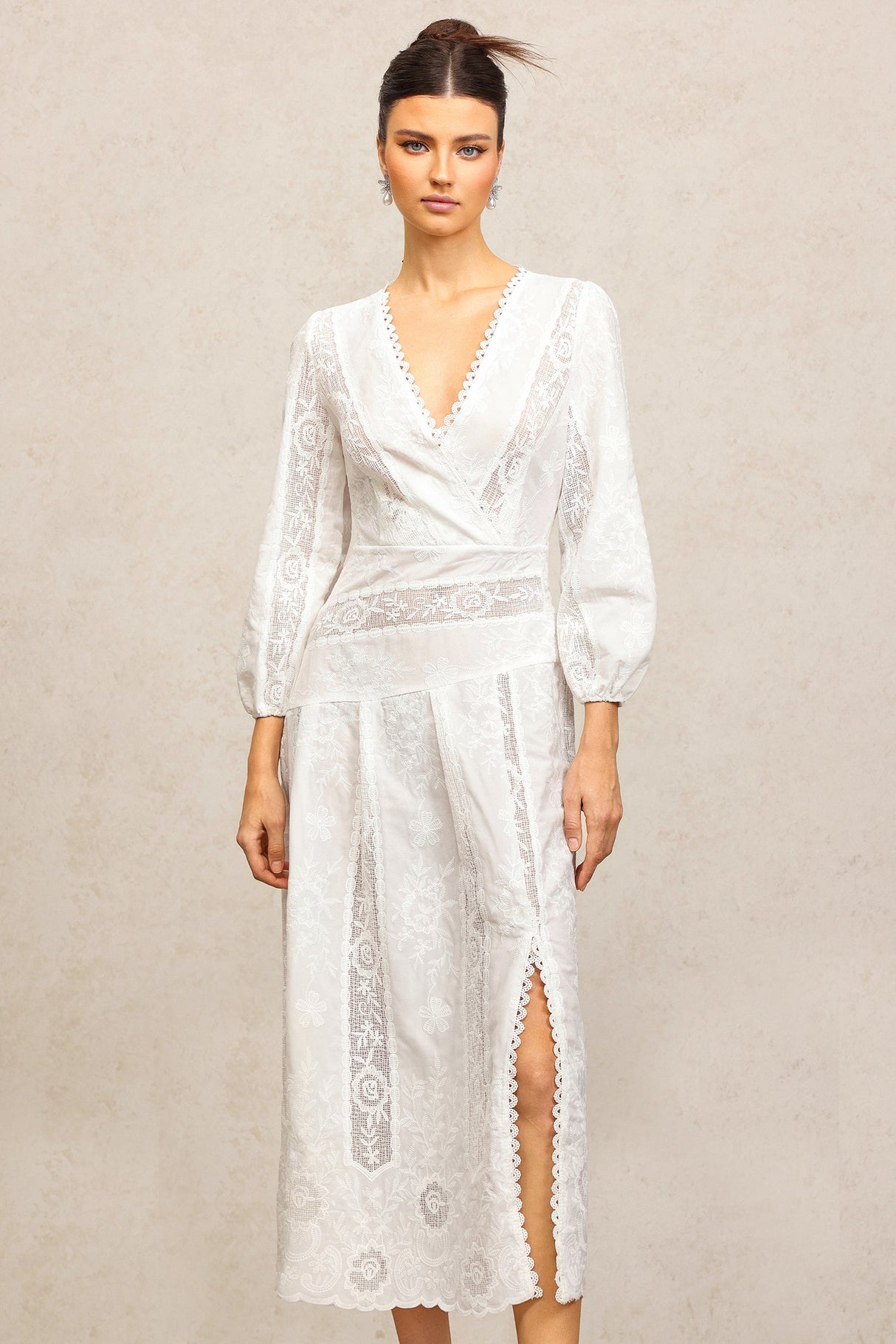 Bailey White Lace Maxi Dress V-Neckline Puffed Sleeves Wedding Fancy Dinner Elegant Sophisticated