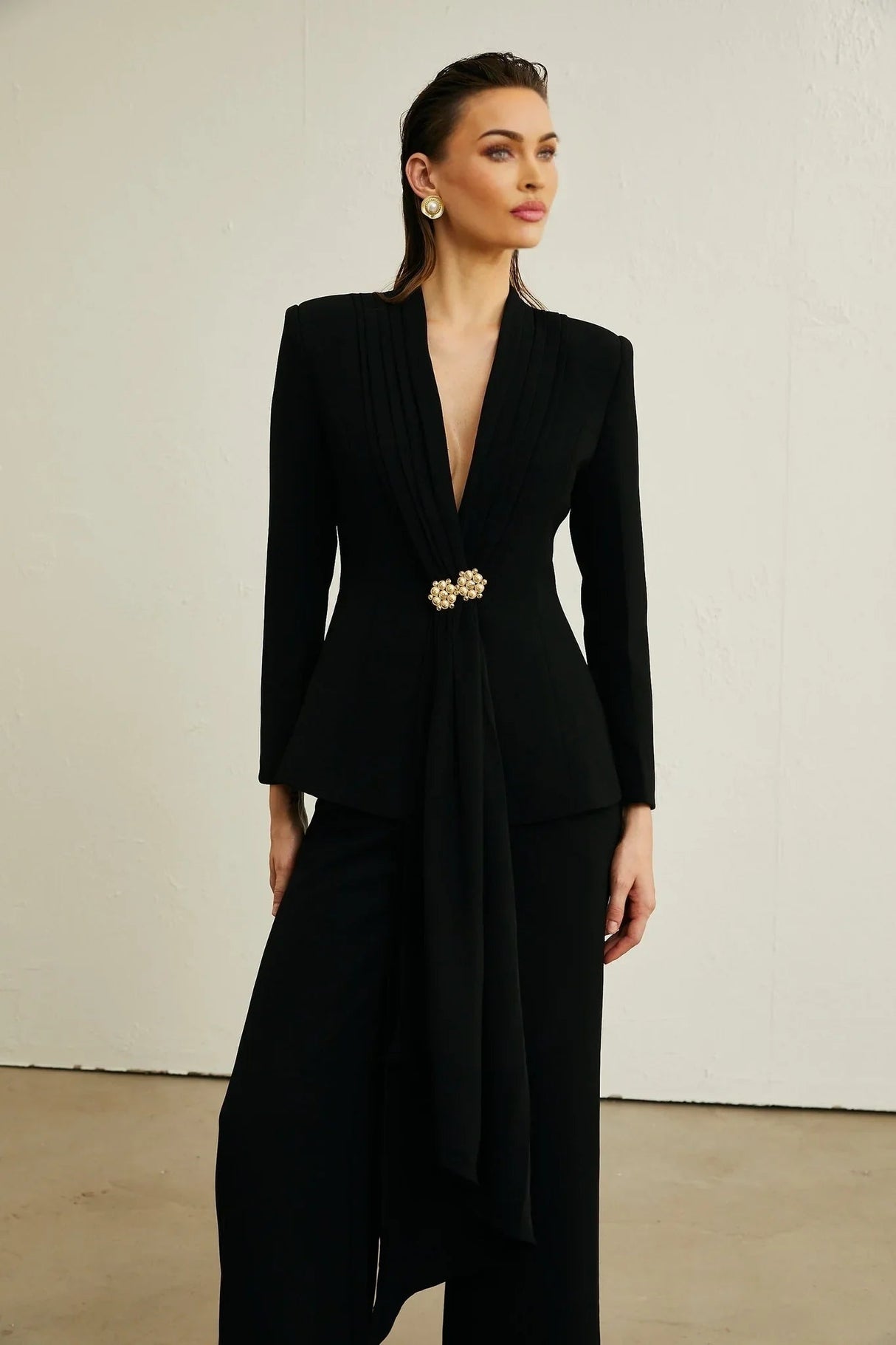 Barbara Jacket & Trousers - V Neck Pleated Ribbon Design Wide Legs Zip Front